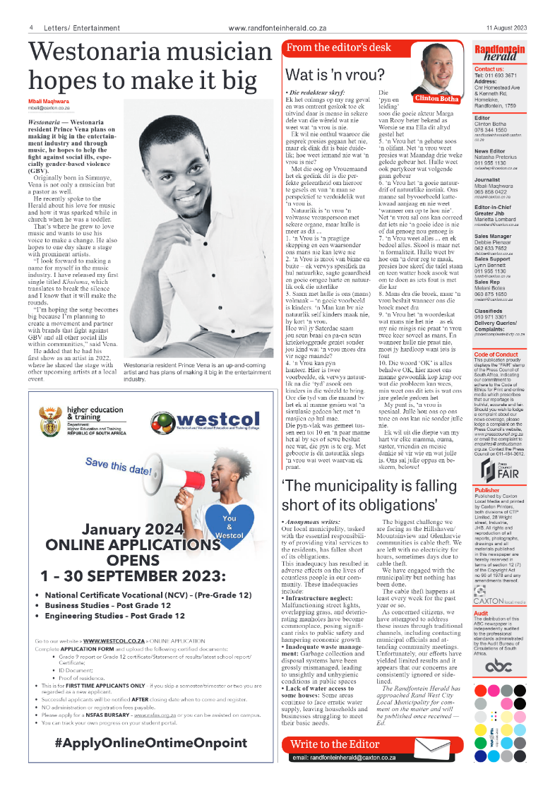 Randfontein Herald 11 August 2023 page 4
