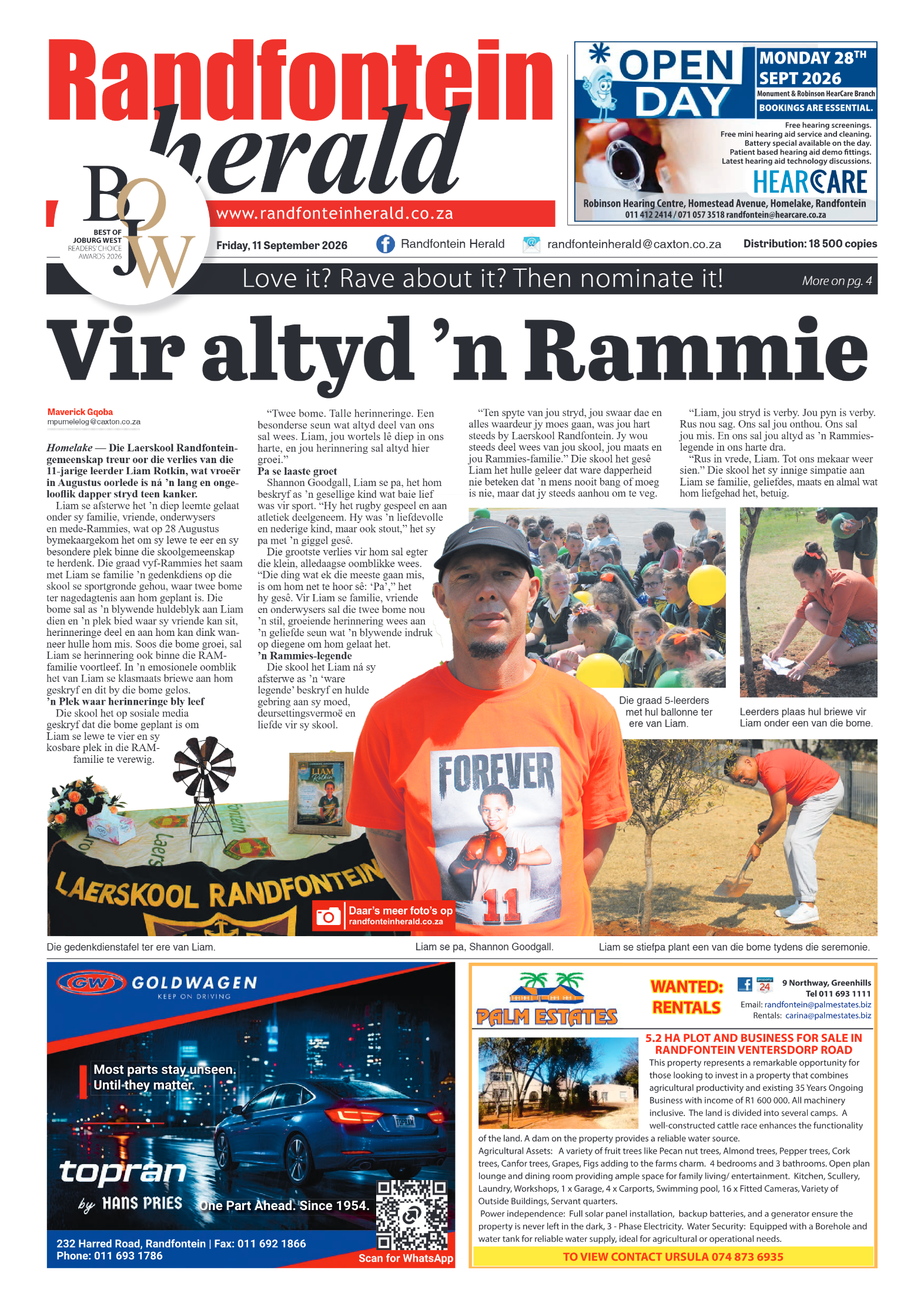 Randfontein Herald 11 September 2026 page 1