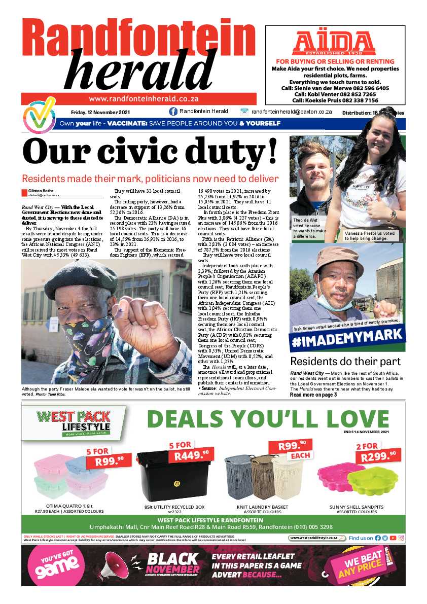 Randfontein Herald 12 November 2021 page 1