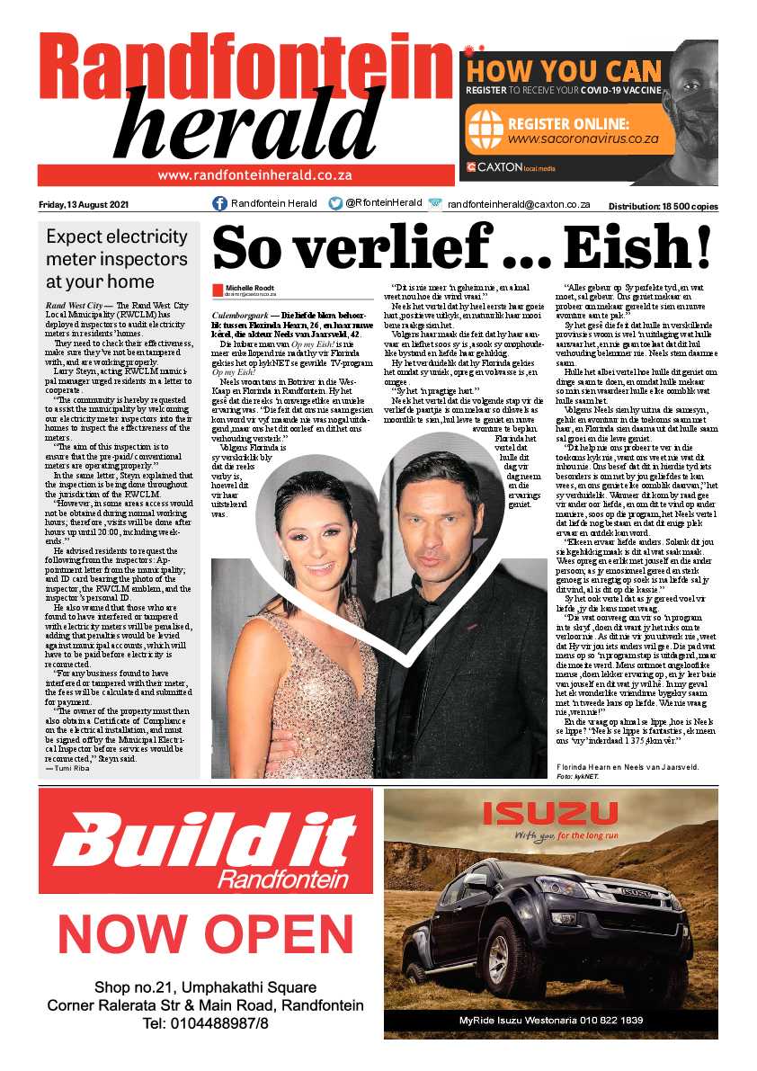 Randfontein Herald 13 August 2021 page 1