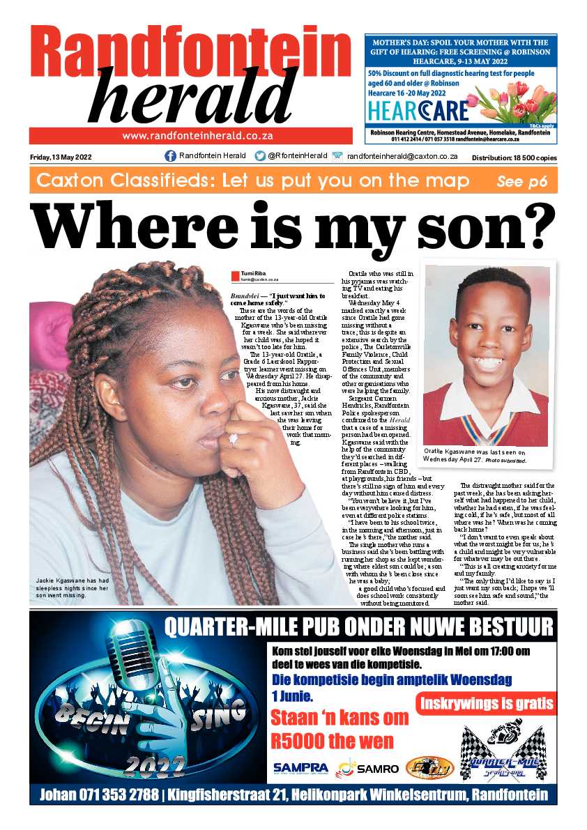 Randfontein Herald 13 May 2022 page 1