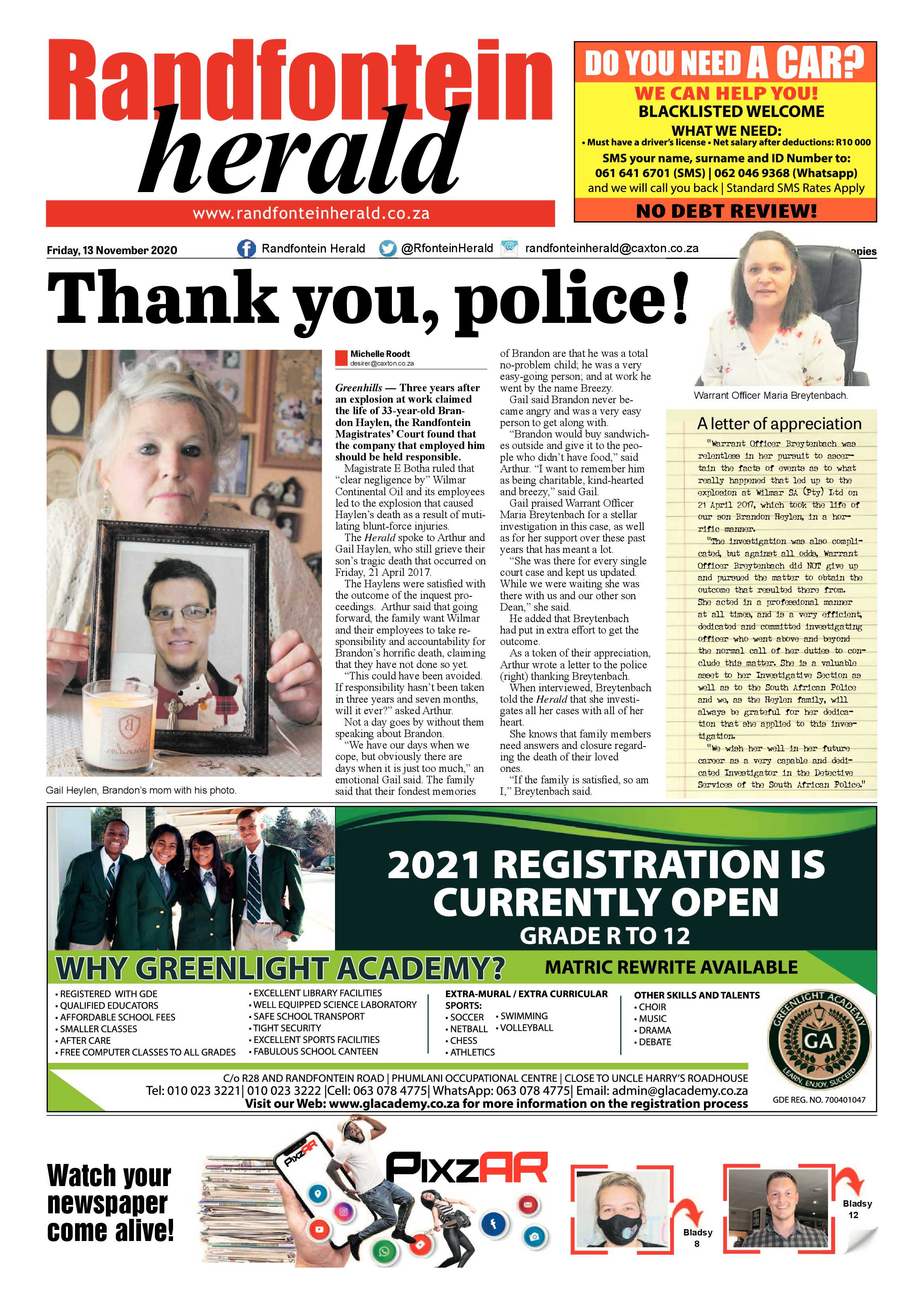 Randfontein Herald 13 November 2020 page 1