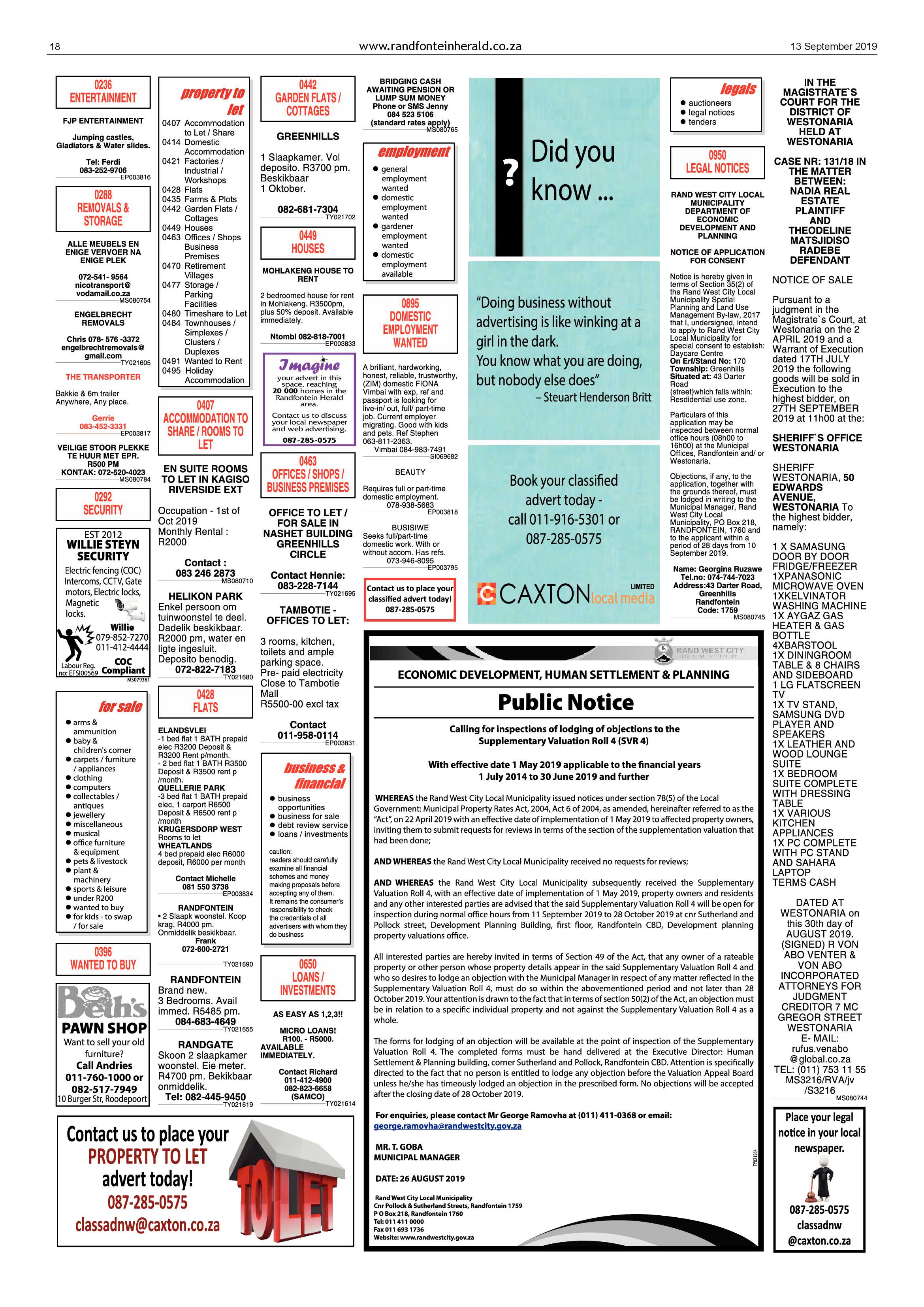 Randfontein Herald 13 September 2019 page 18
