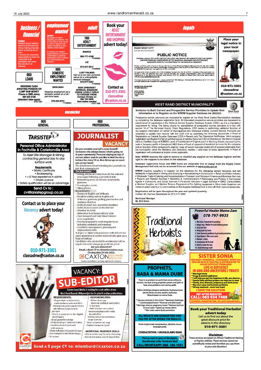 Randfontein Herald 15 July 2022 page 7