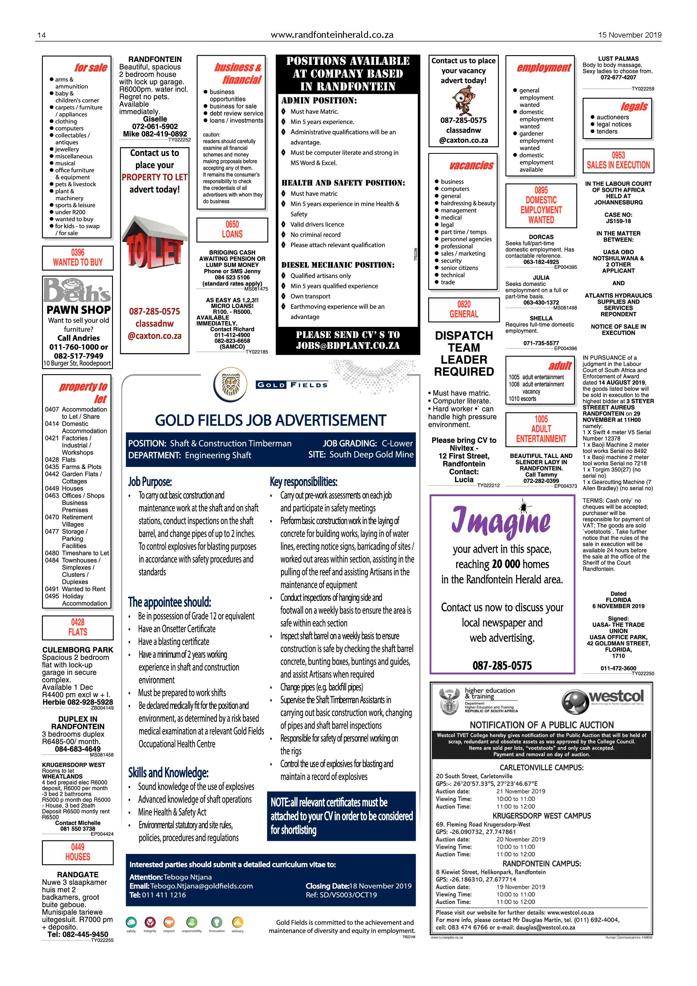 Randfontein Herald 15 November 2019 page 14