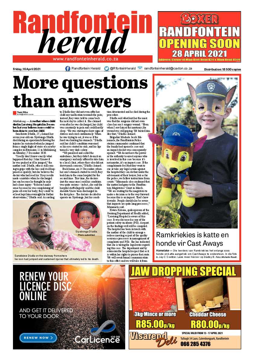 Randfontein Herald 16 April 2021 page 1