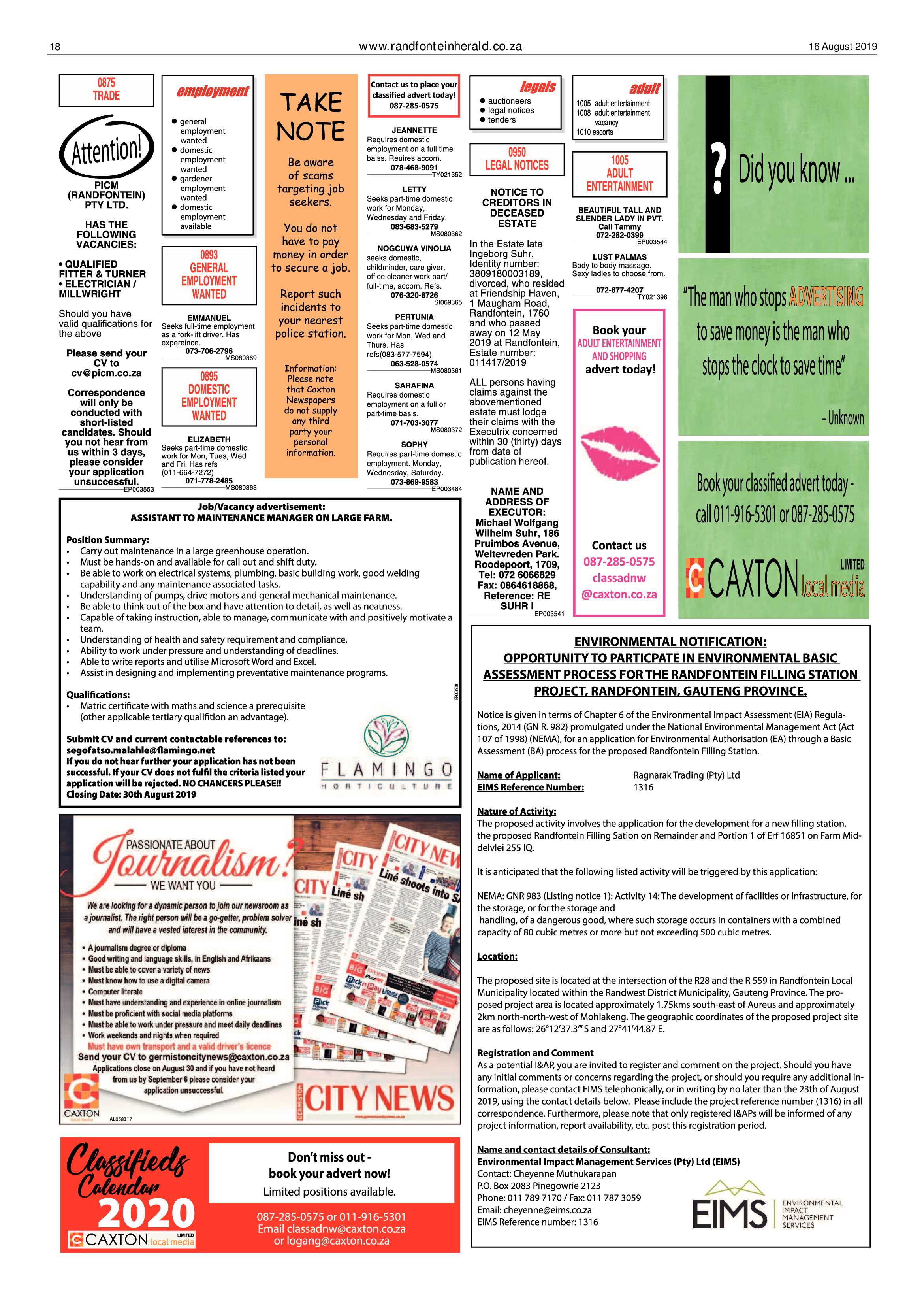 Randfontein Herald 16 August 2019 page 18