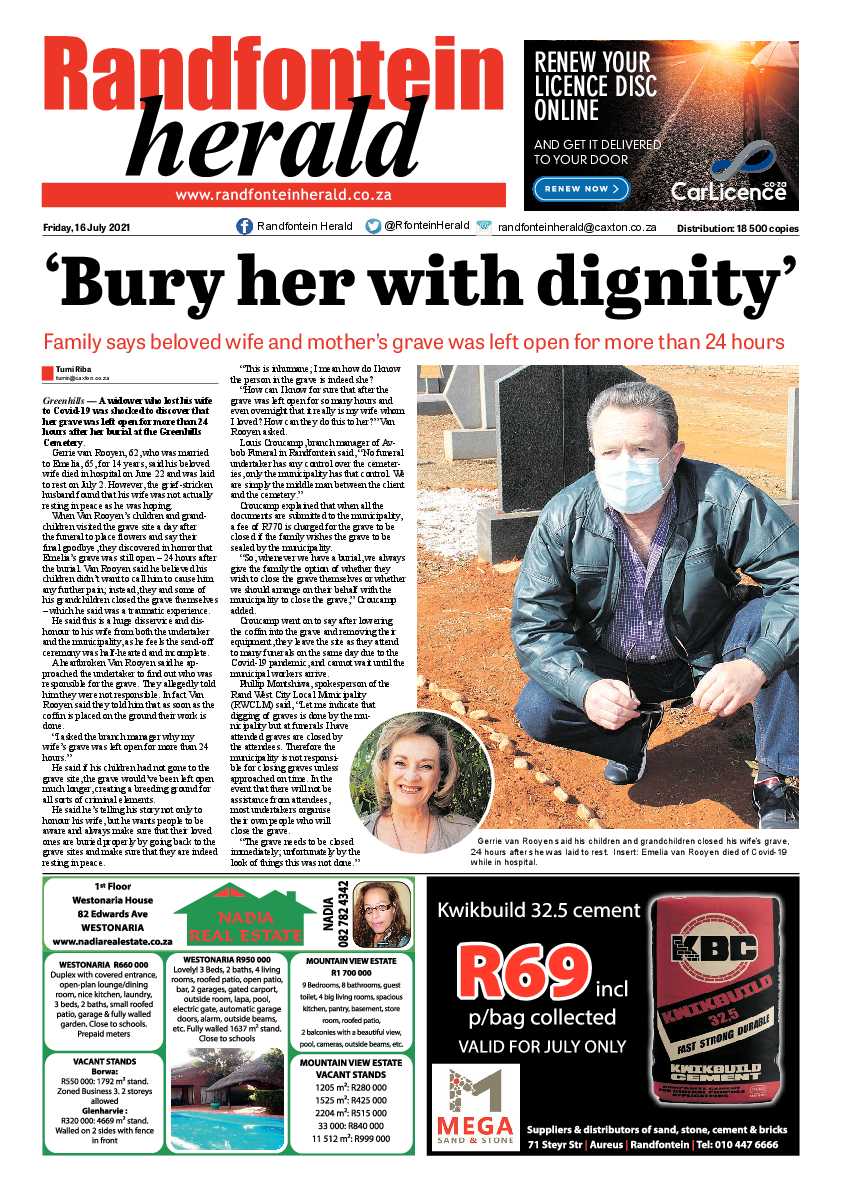 Randfontein Herald 16 July 2021 page 1