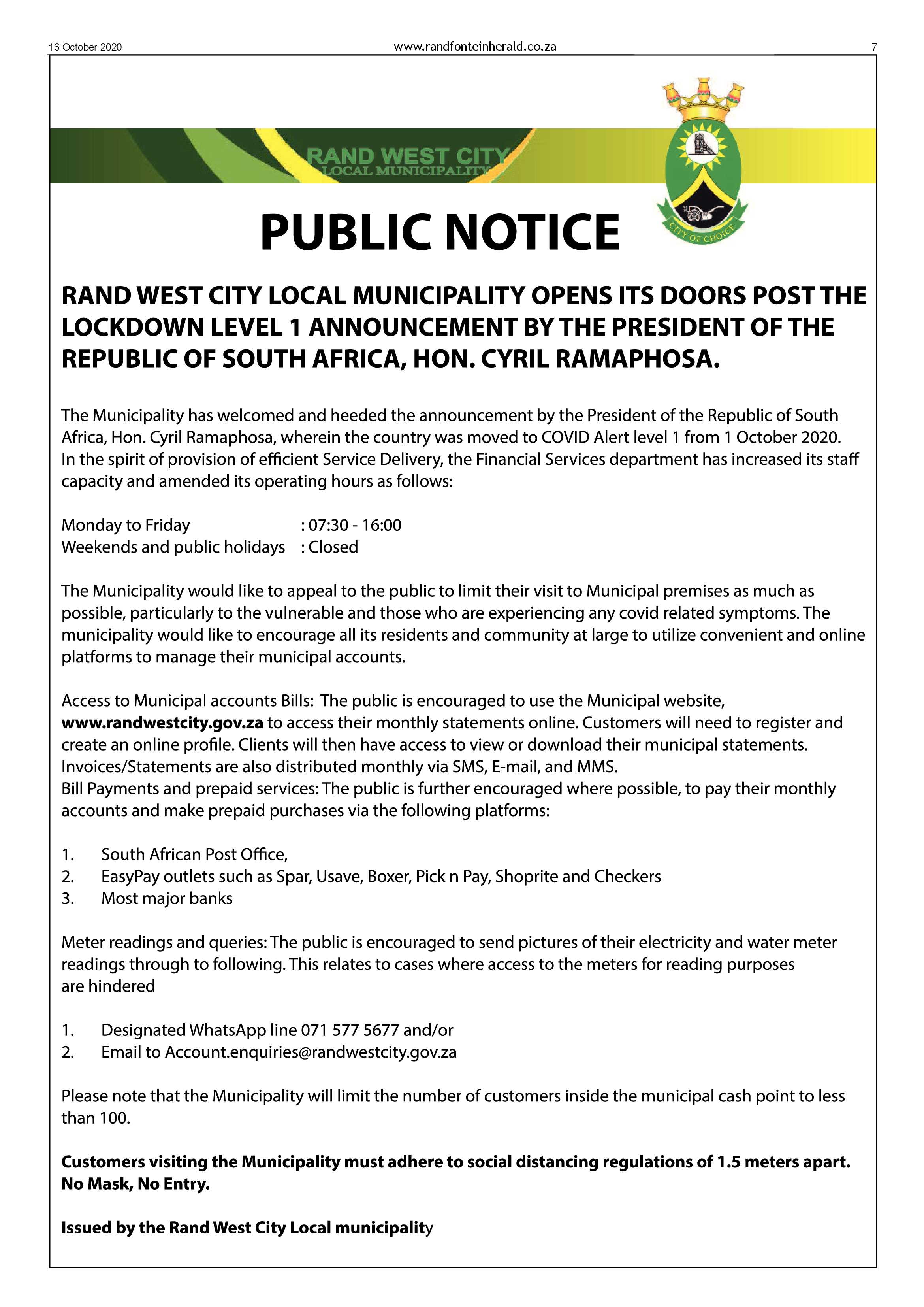 Randfontein Herald 16 October 2020 page 7
