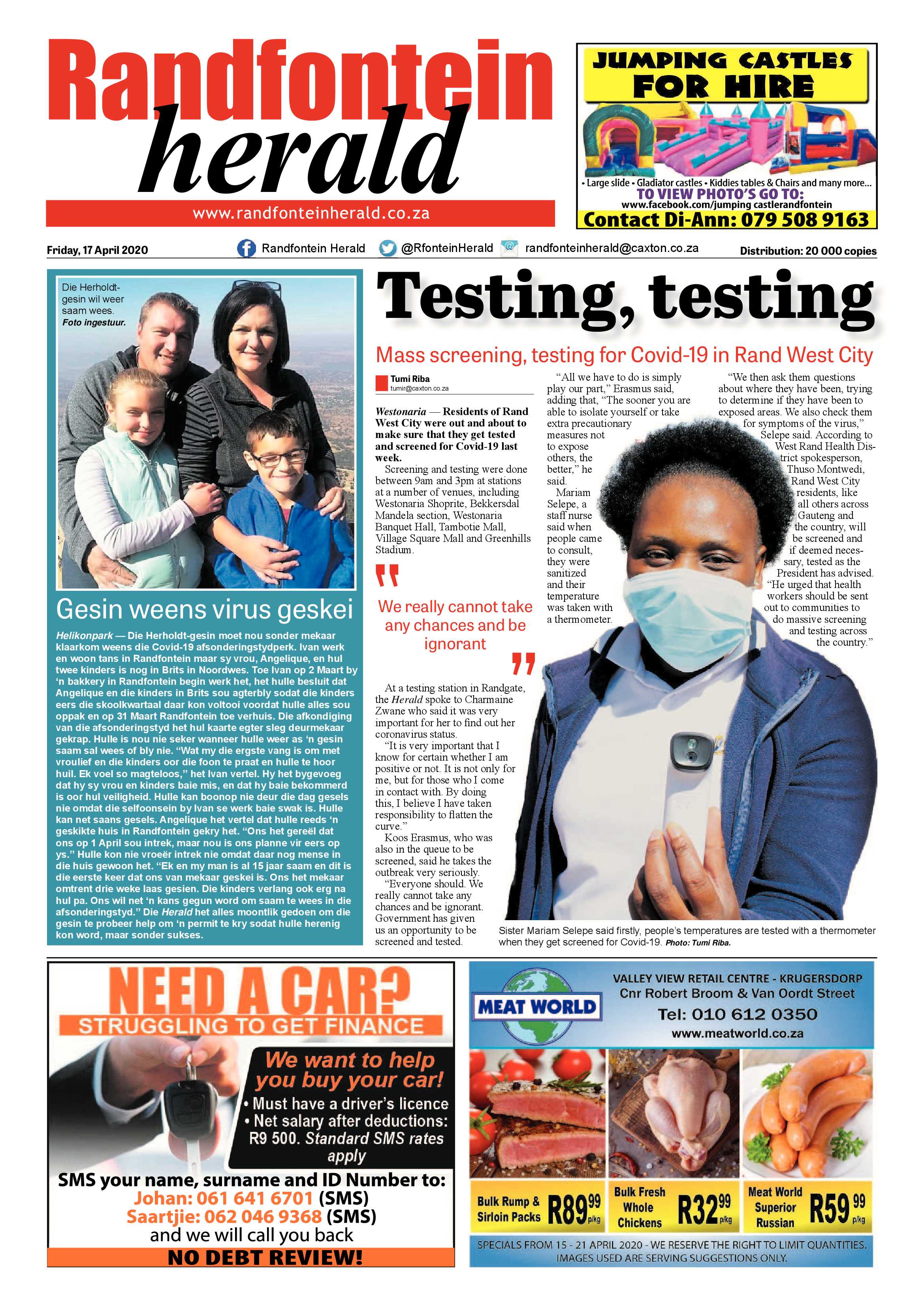 Randfontein Herald 17 April 2020 page 1