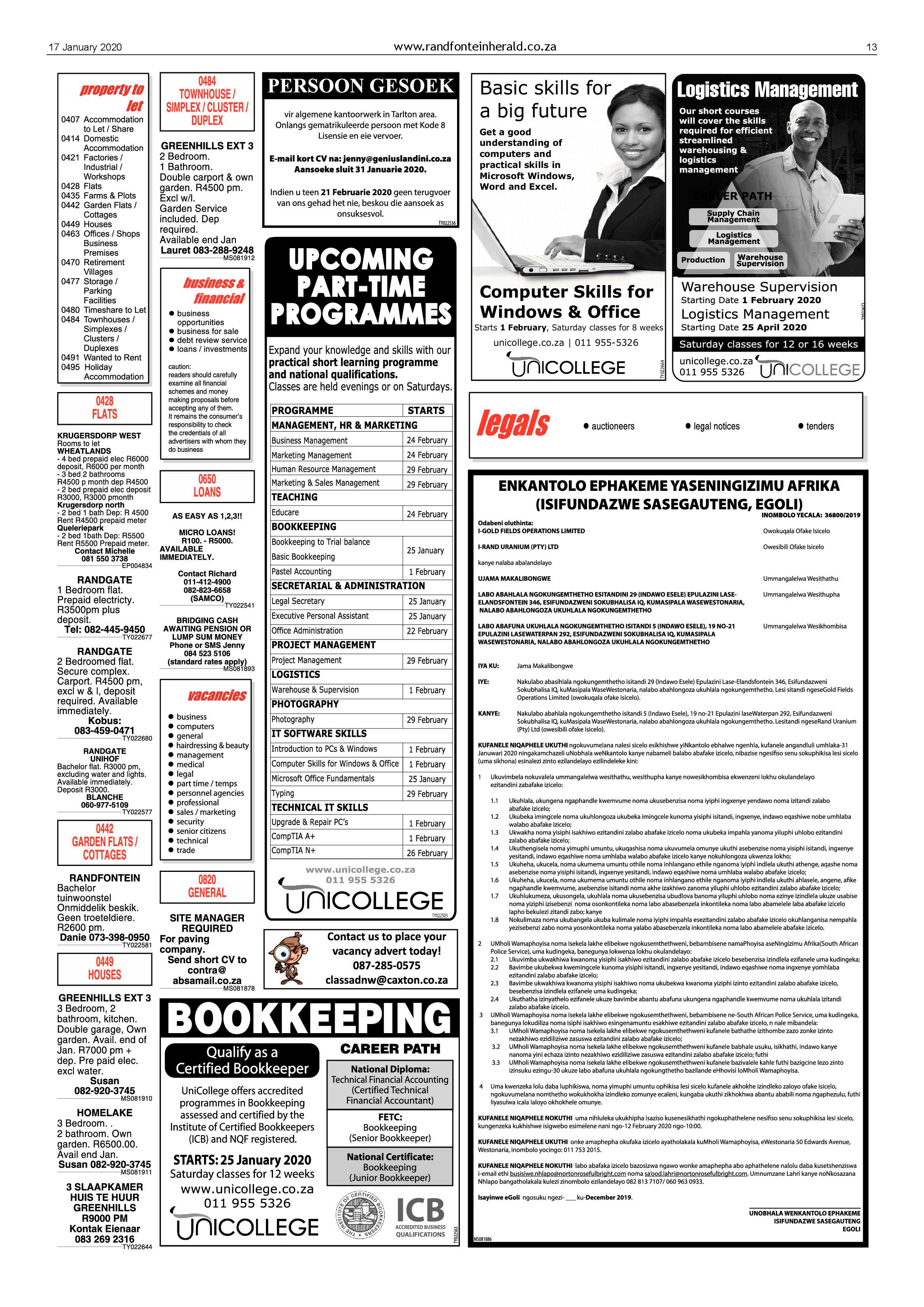 Randfontein Herald 17 January 2020 page 13