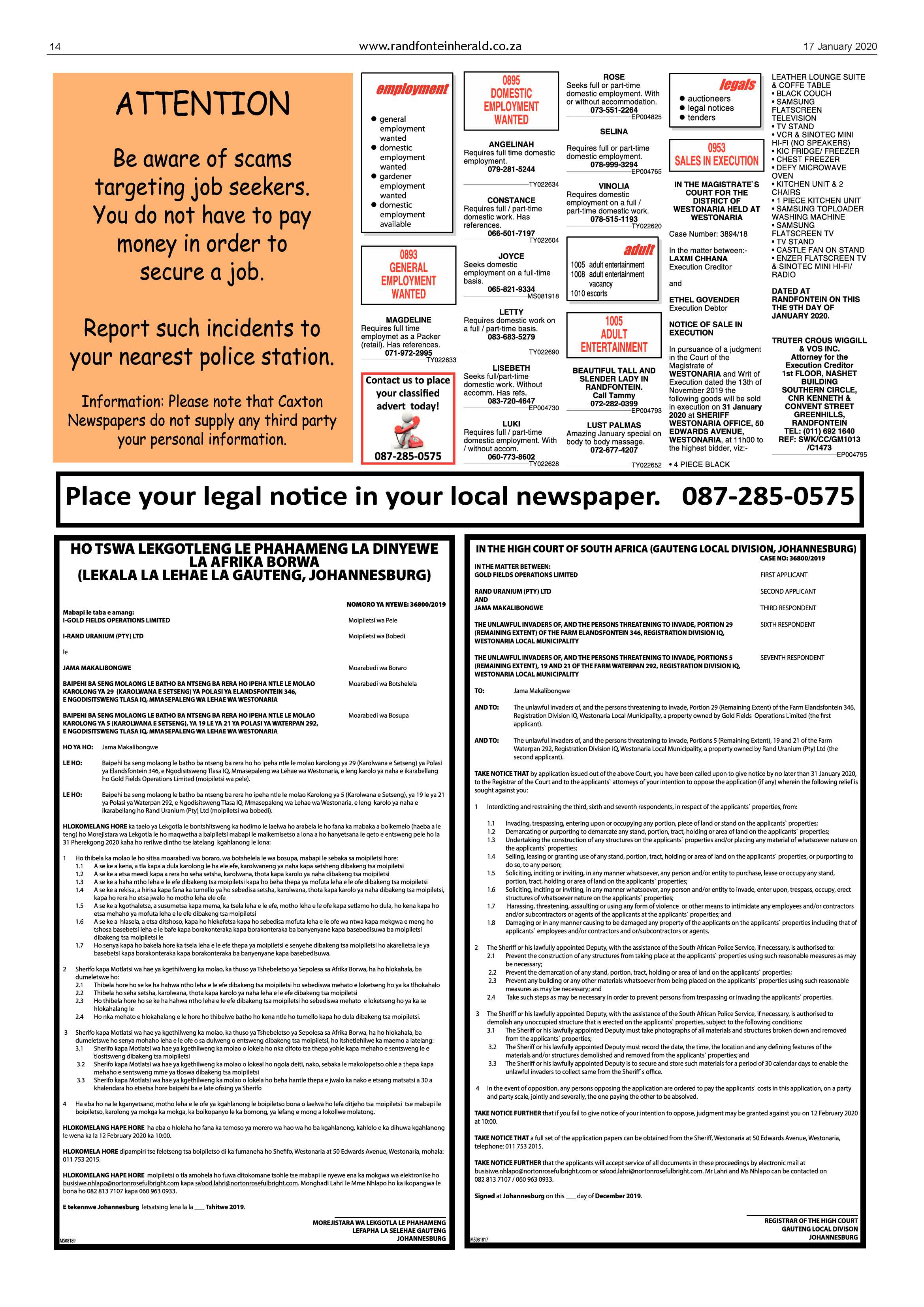 Randfontein Herald 17 January 2020 page 14
