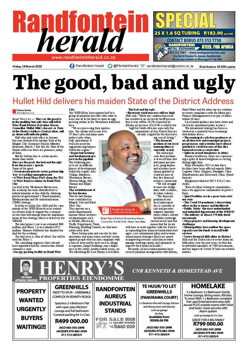 Randfontein Herald 18 March 2022 page 1