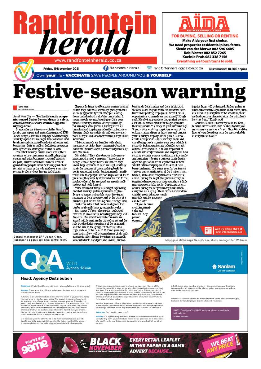 Randfontein Herald 19 November 2021 page 1