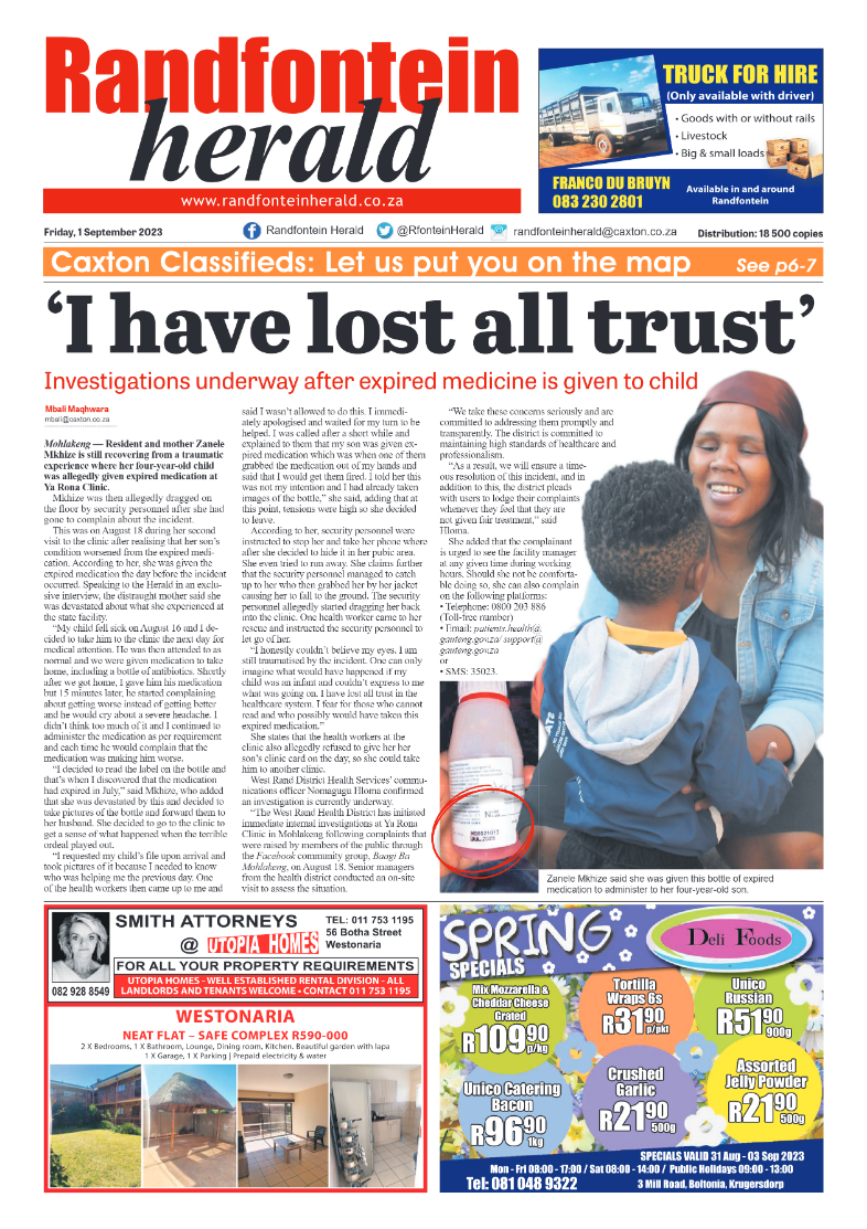 Randfontein Herald 1 September 2023 page 1