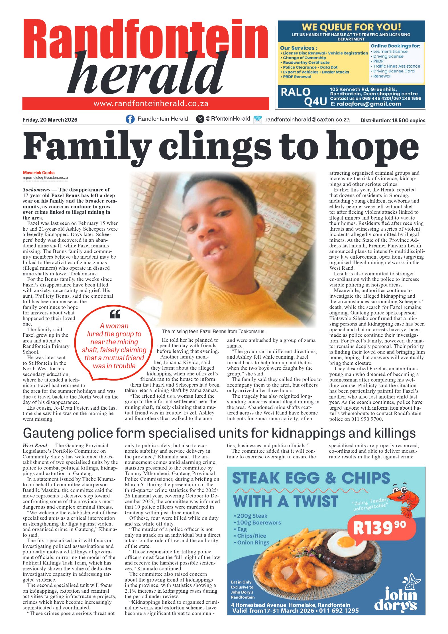 Randfontein Herald 20 March 2026 page 1