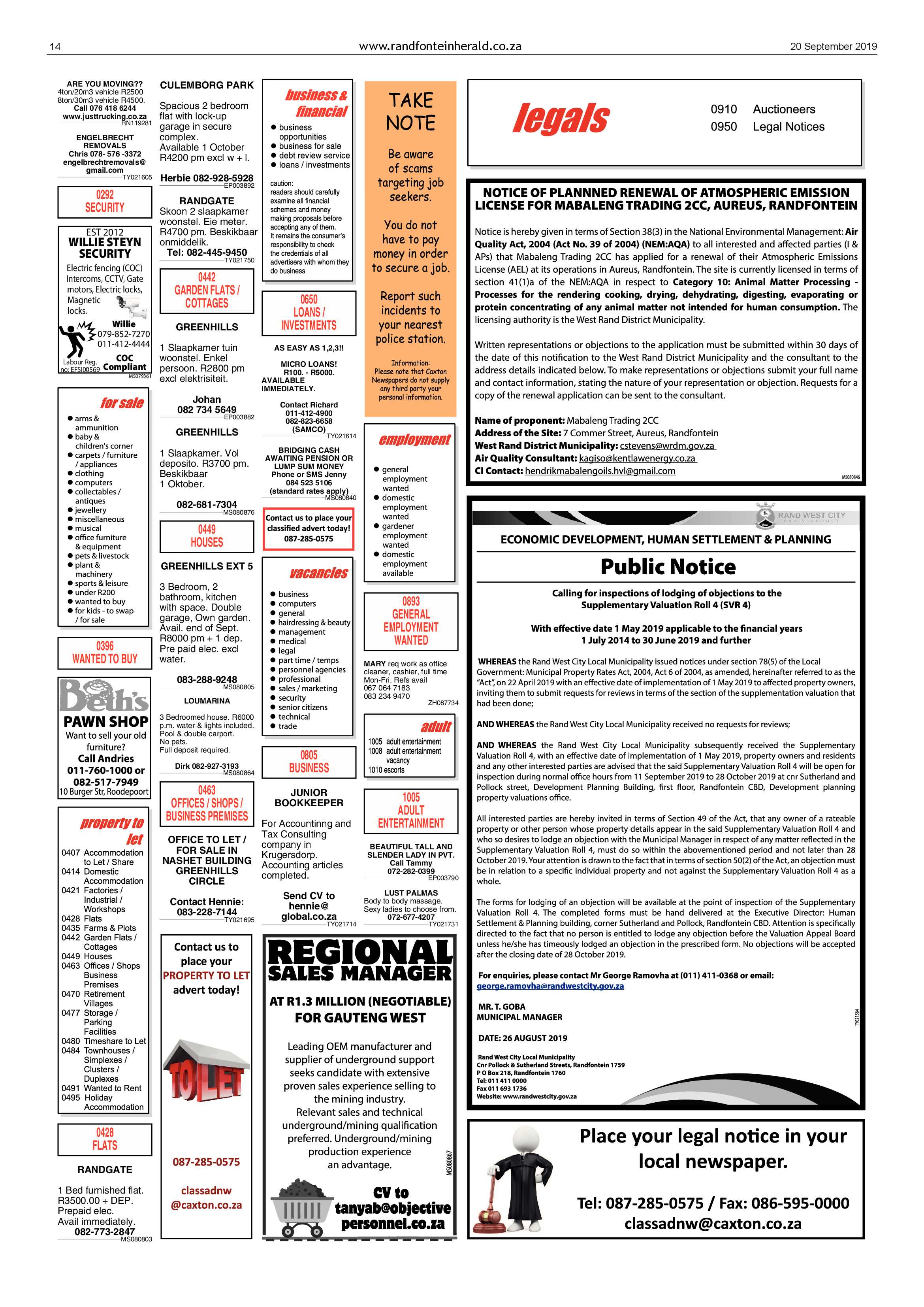 Randfontein Herald 20 September 2019 page 14