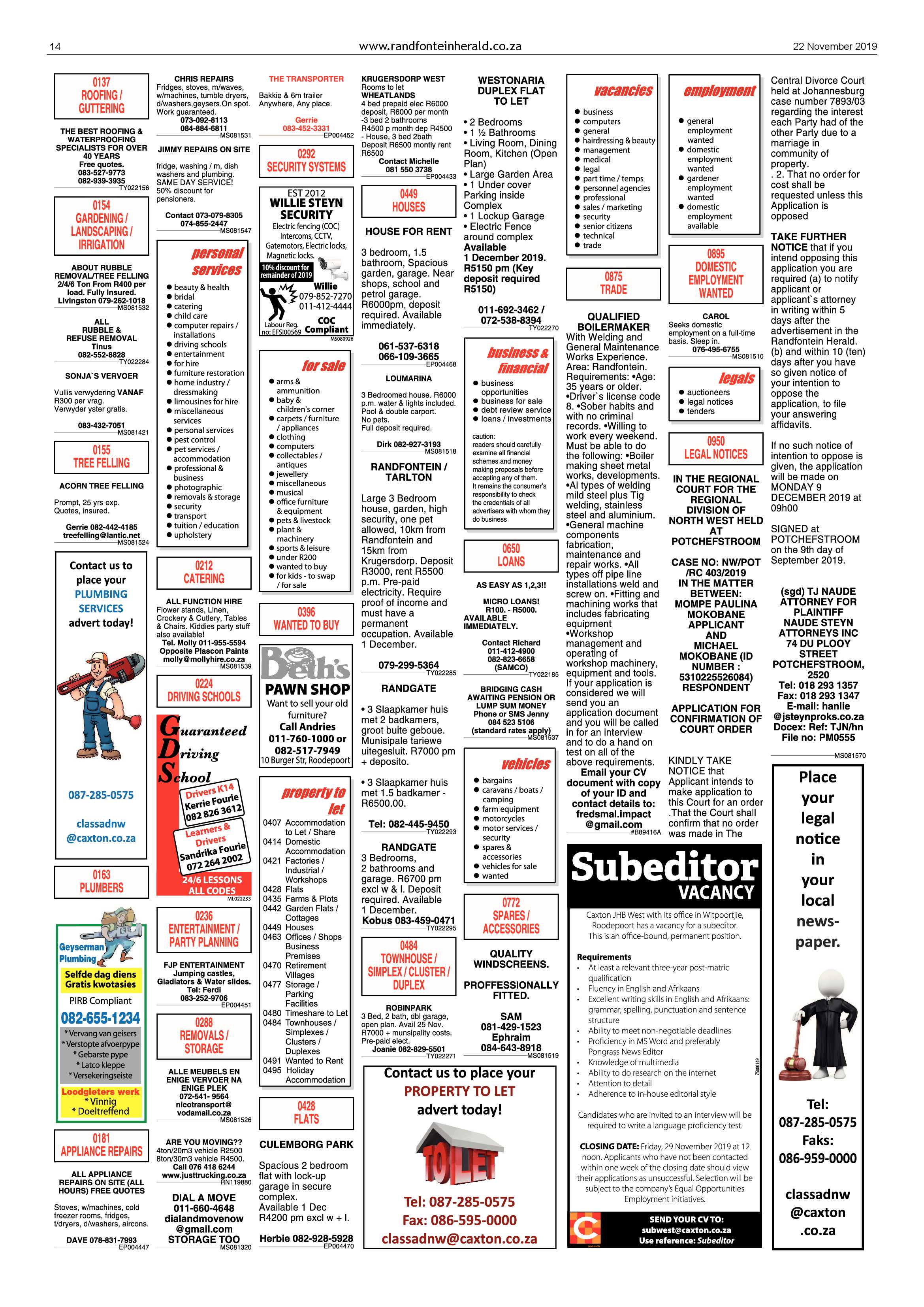 Randfontein Herald 22 November 2019 page 14