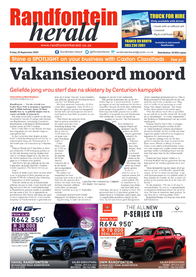 Randfontein Herald 22 September 2023 page 1