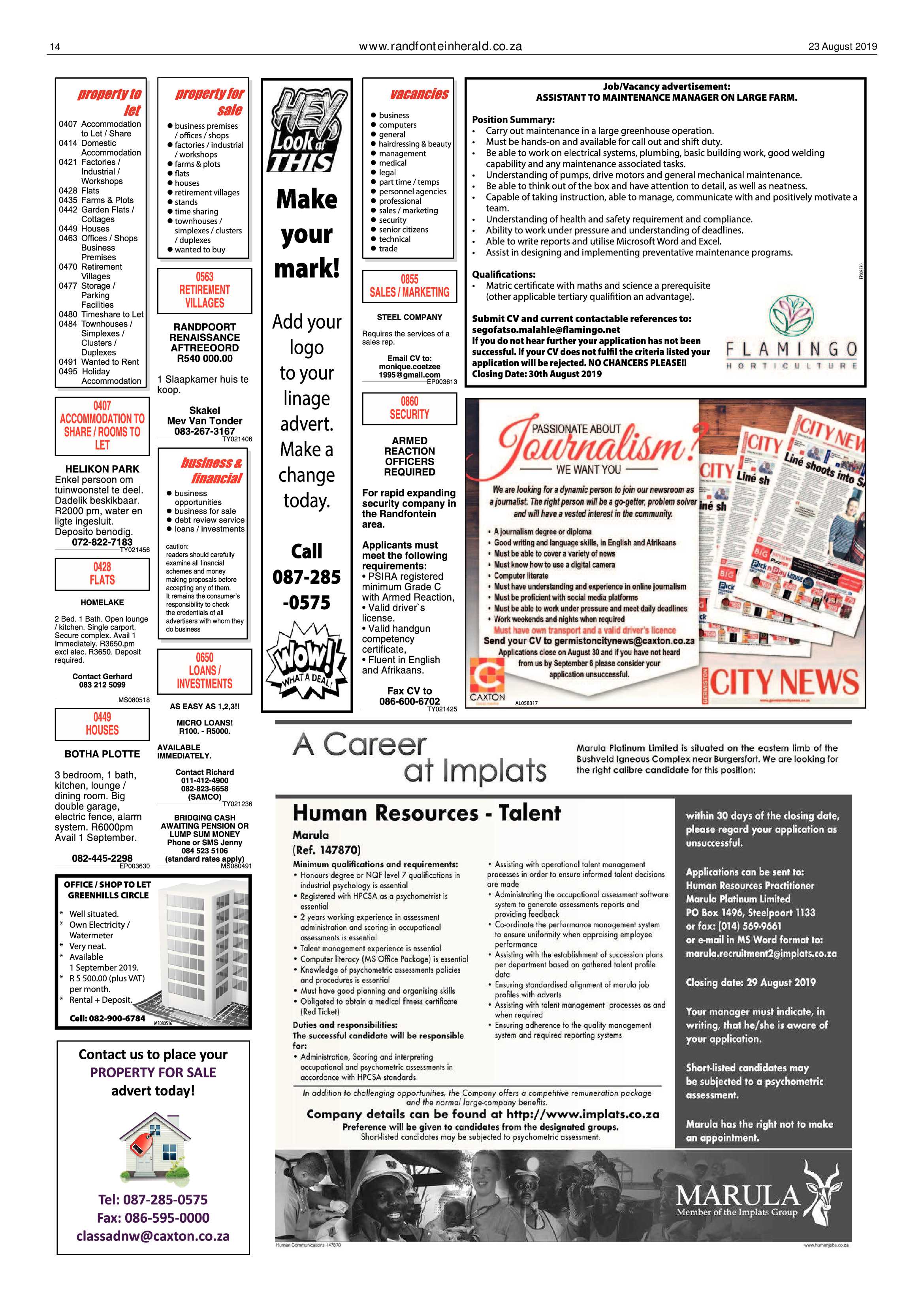 Randfontein Herald 23 August 2019 page 14