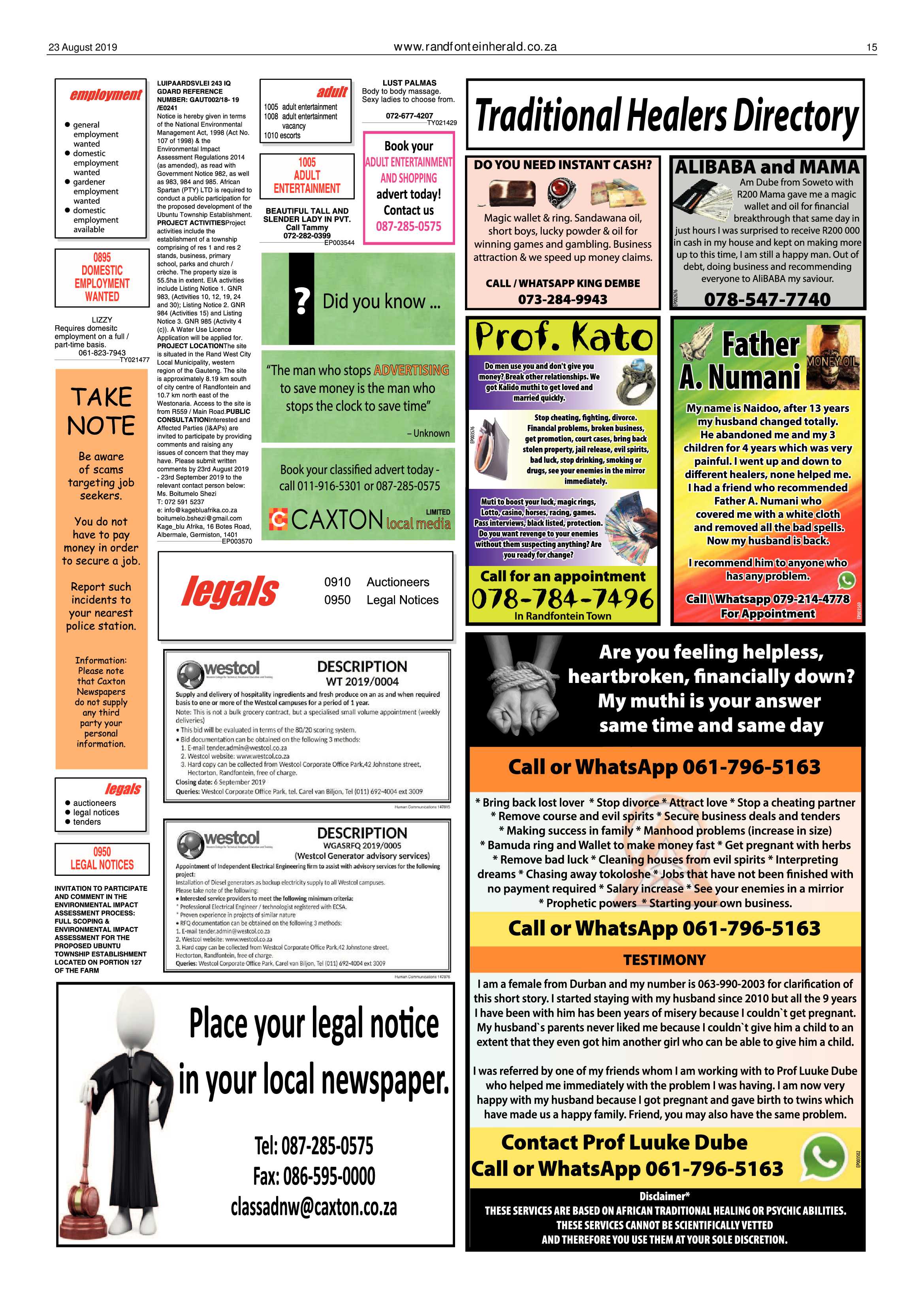 Randfontein Herald 23 August 2019 page 15