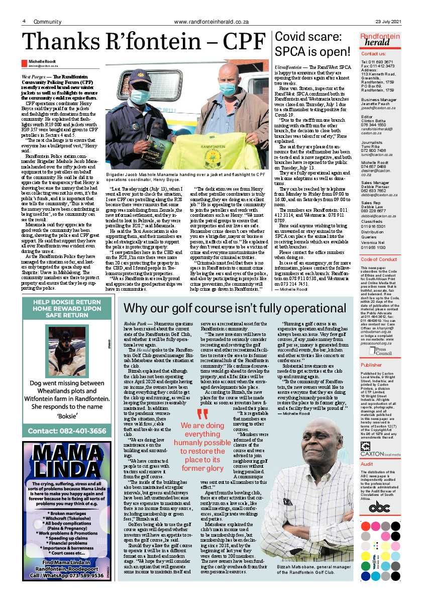 Randfontein Herald 23 July 2021 page 4