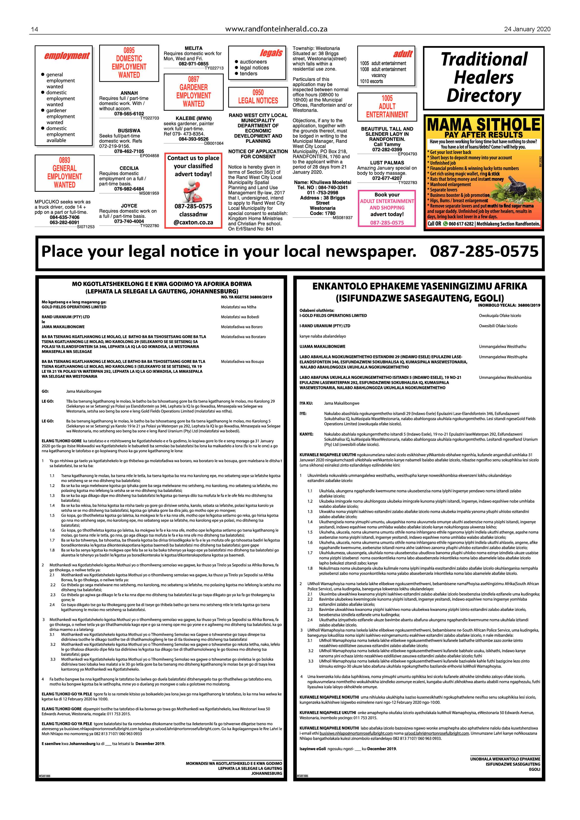Randfontein Herald 24 January 2020 page 14