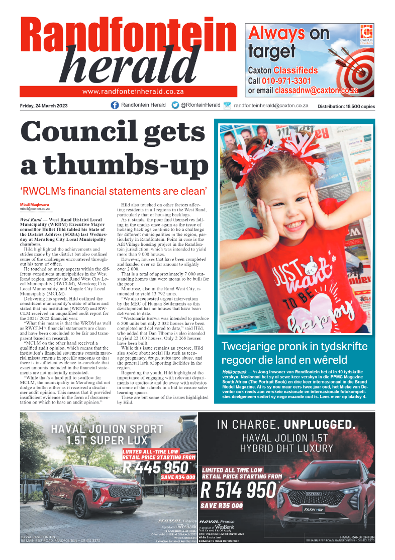 Randfontein Herald 24 March 2023 page 1