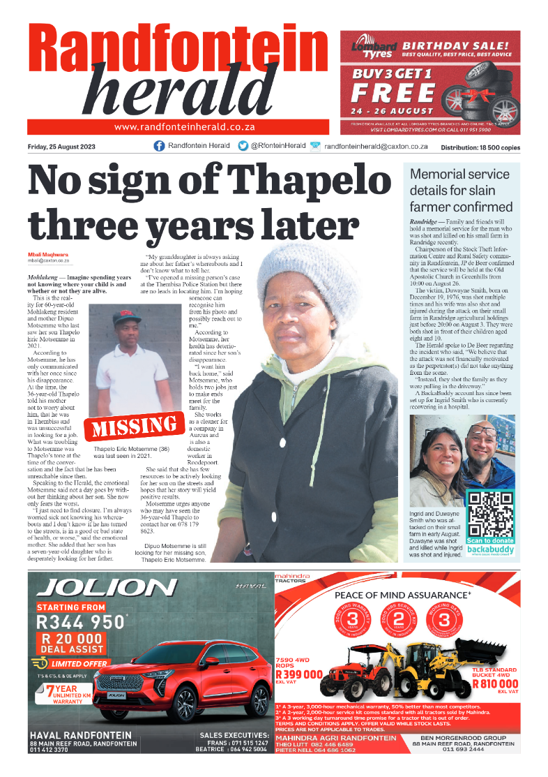Randfontein Herald 25 August 2023 page 1
