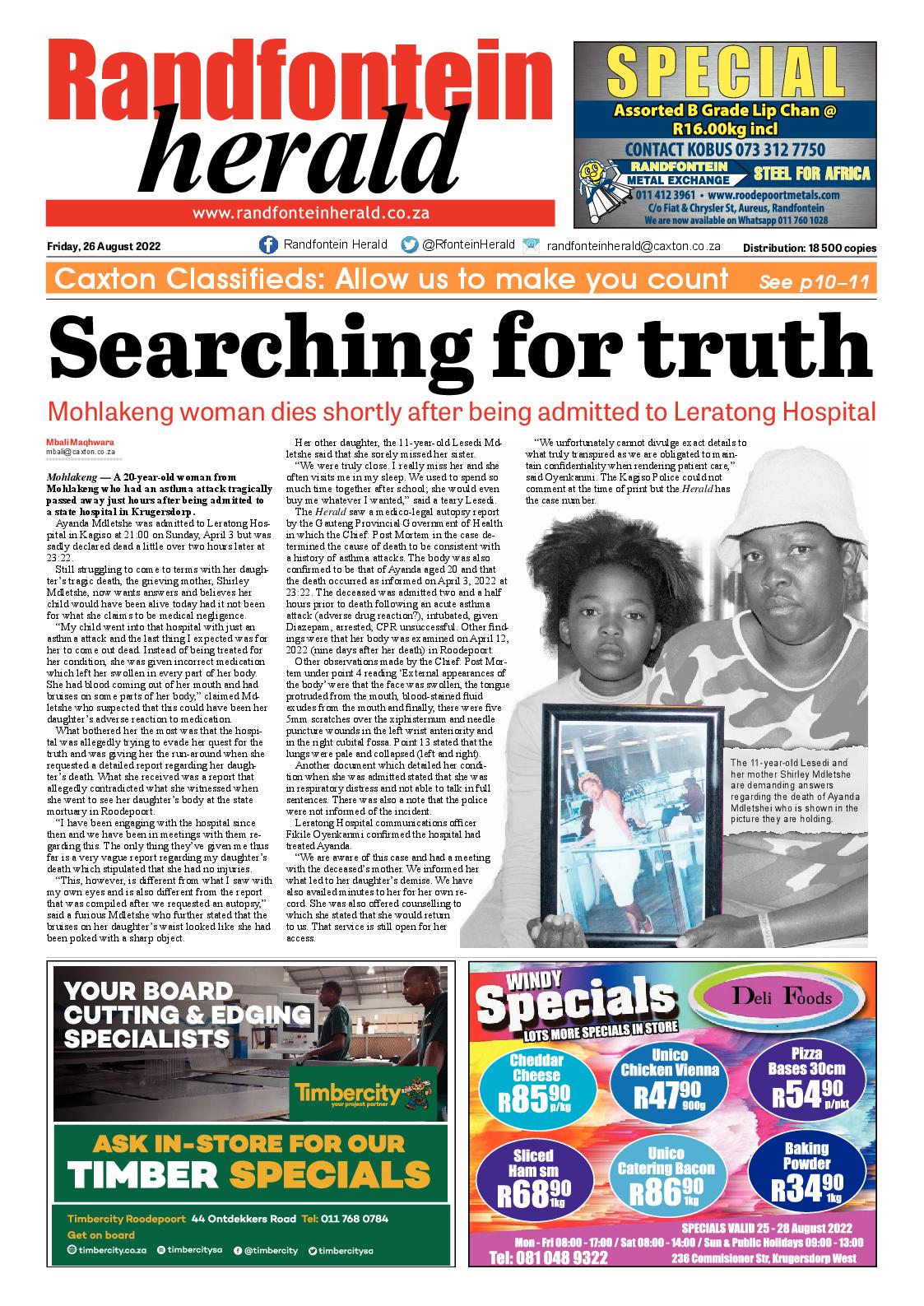 Randfontein Herald 26 August 2022 page 1