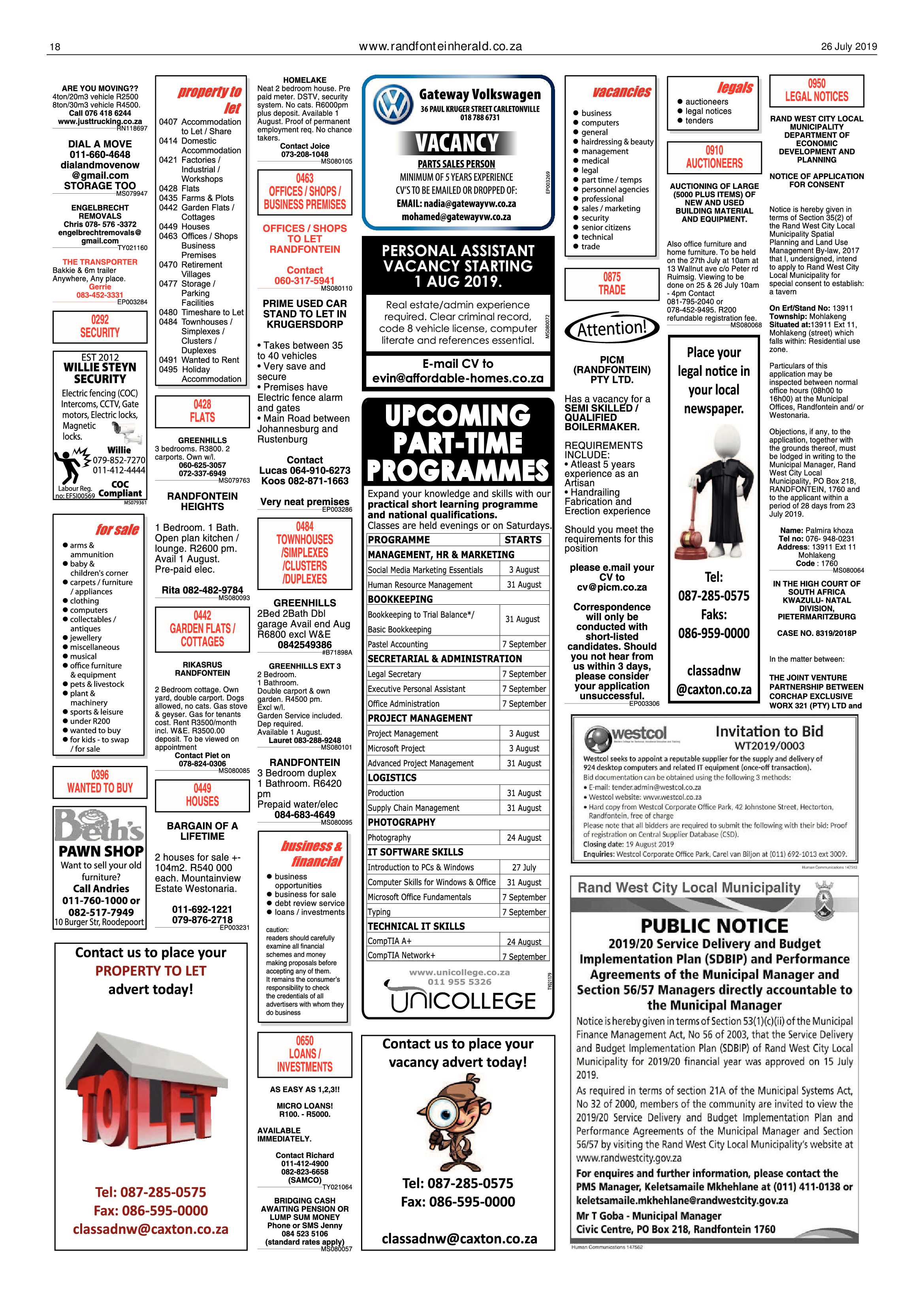 Randfontein Herald 26 July 2019 page 18