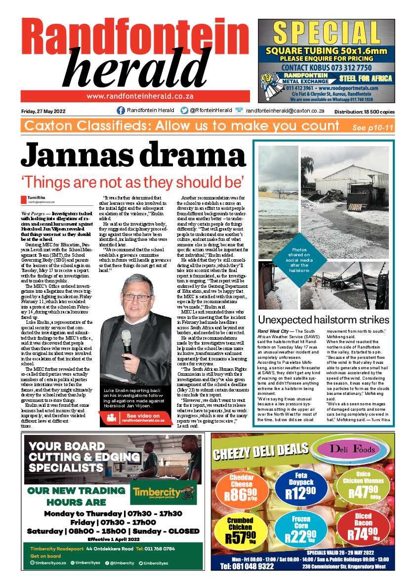 Randfontein Herald 27 May 2022 page 1