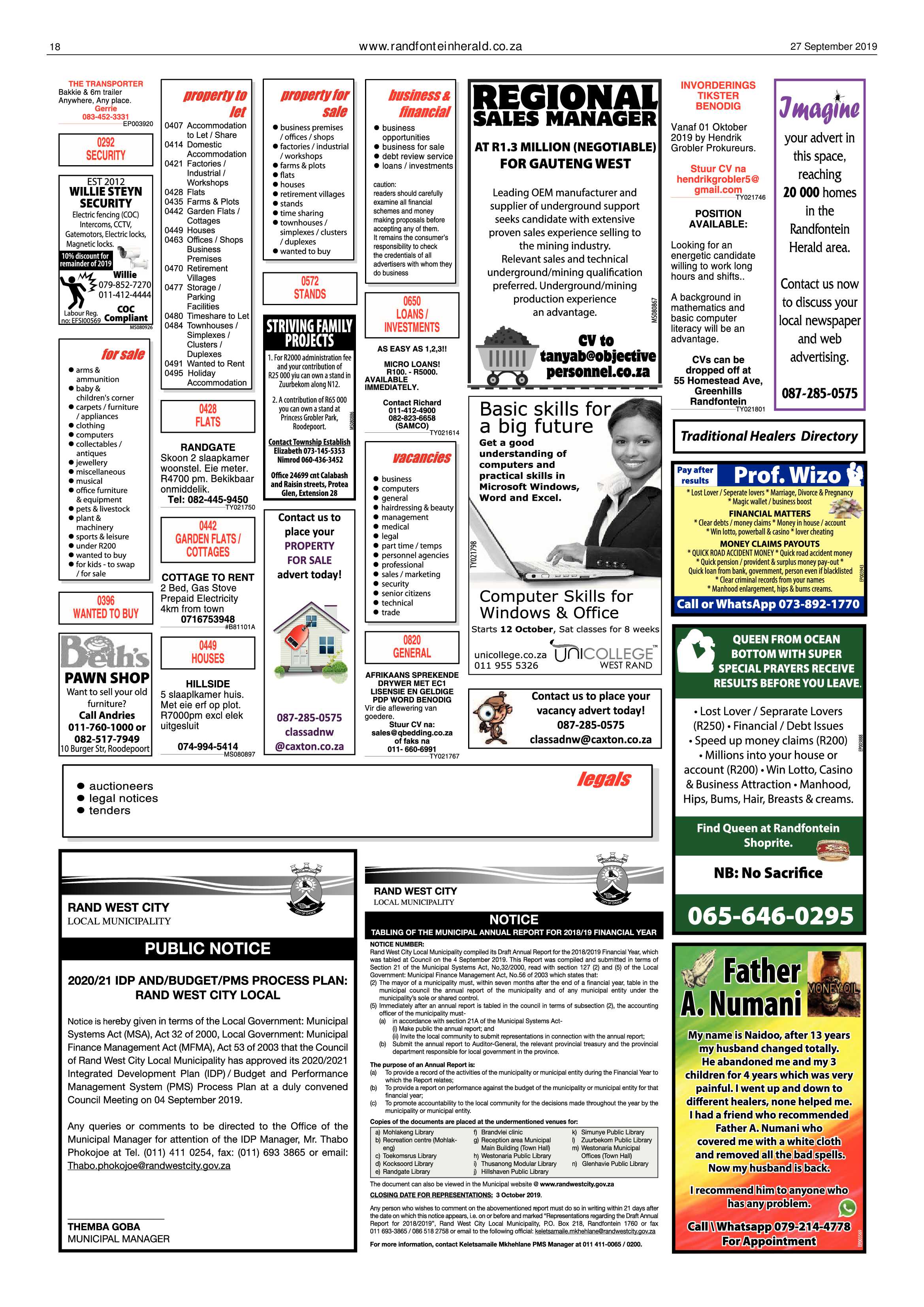 Randfontein Herald 27 September 2019 page 18