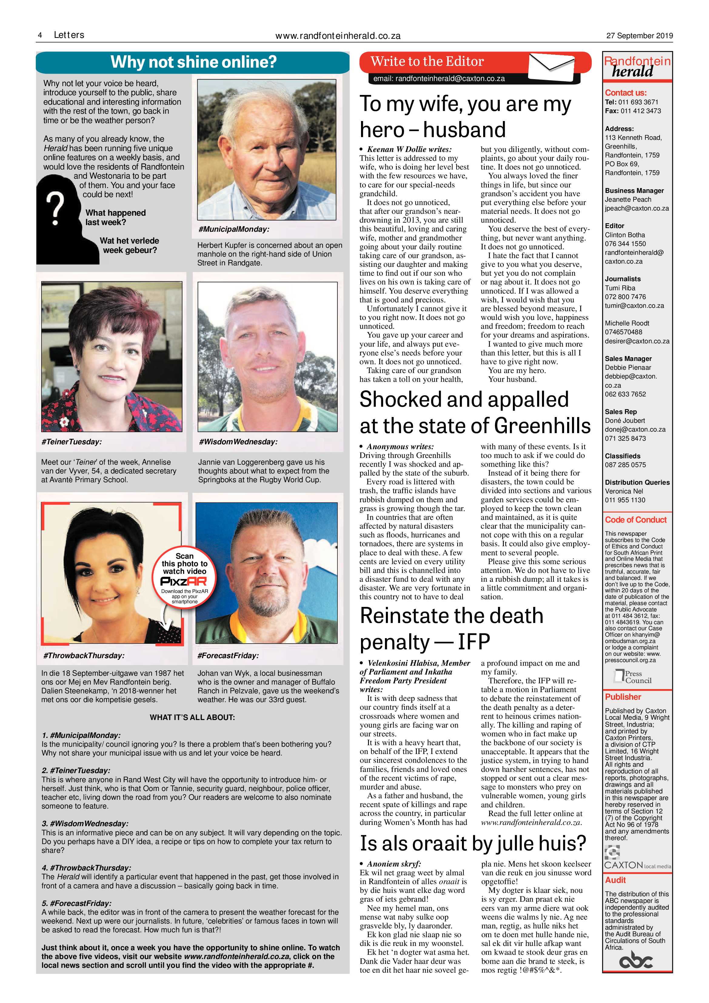 Randfontein Herald 27 September 2019 page 4