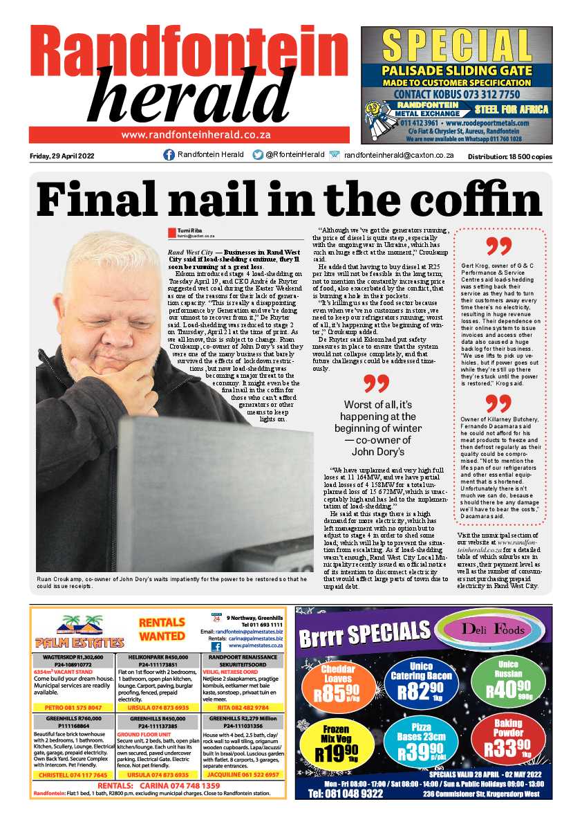 Randfontein Herald 29 April 2022 page 1