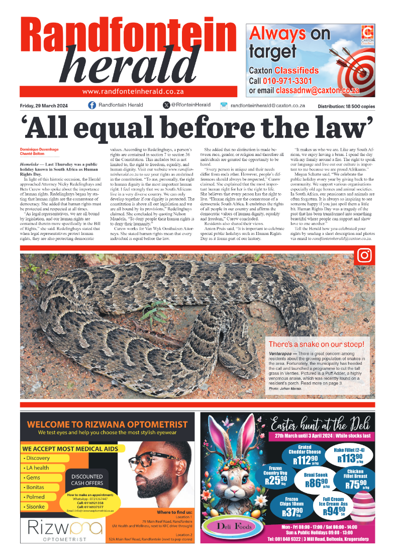 Randfontein Herald 29 March 2024 page 1