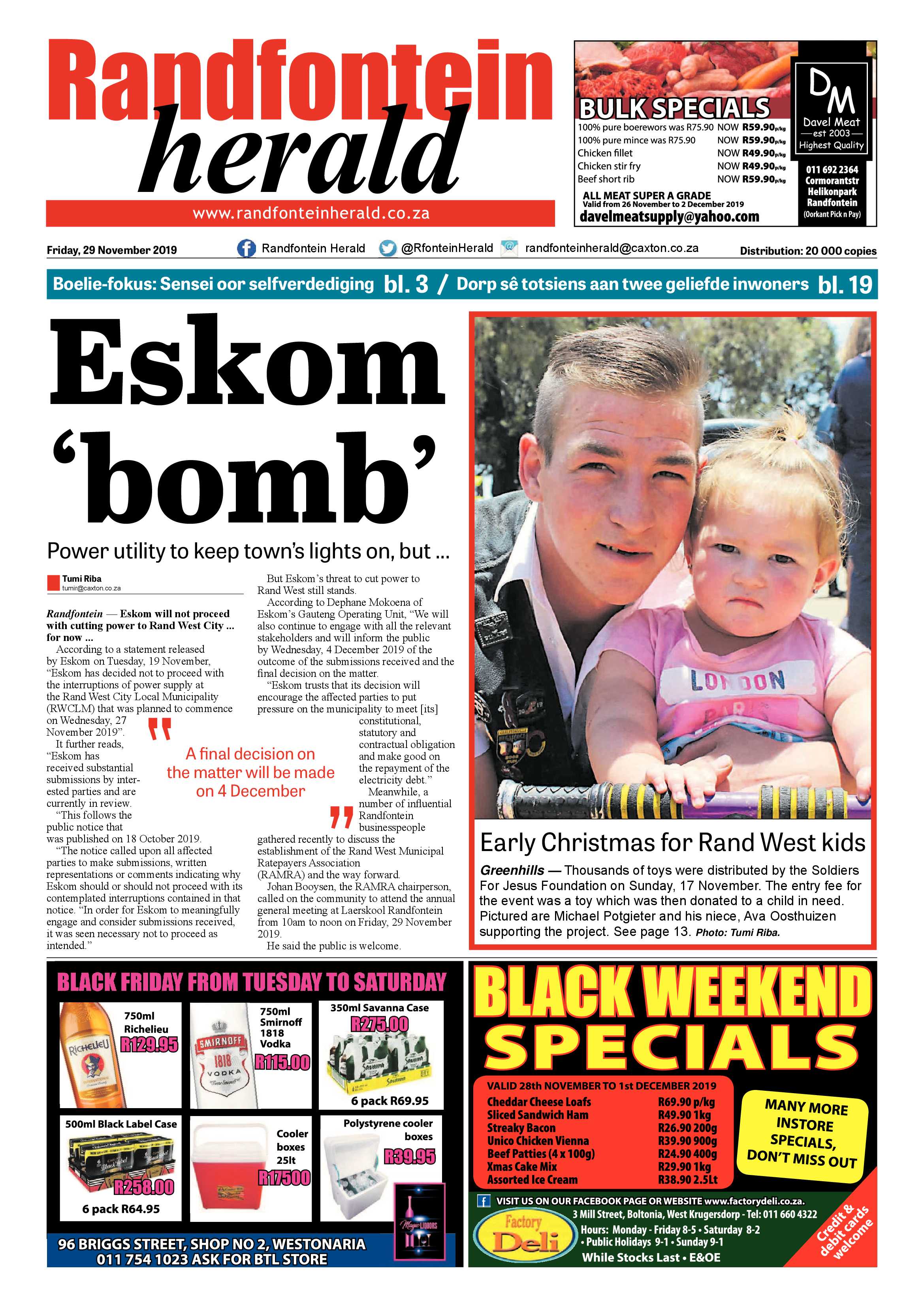 Randfontein Herald 29 November 2019 page 1