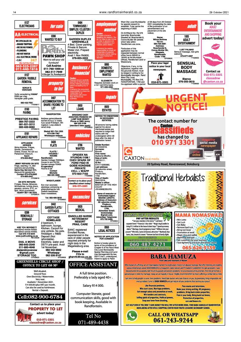 Randfontein Herald 29 October 2021 page 16