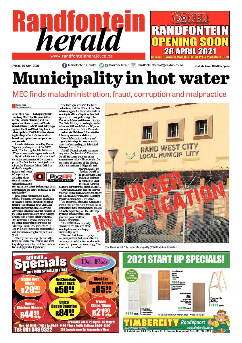 Randfontein Herald 30 April 2021 page 1