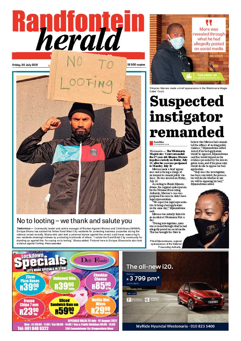 Randfontein Herald 30 July 2021 page 1