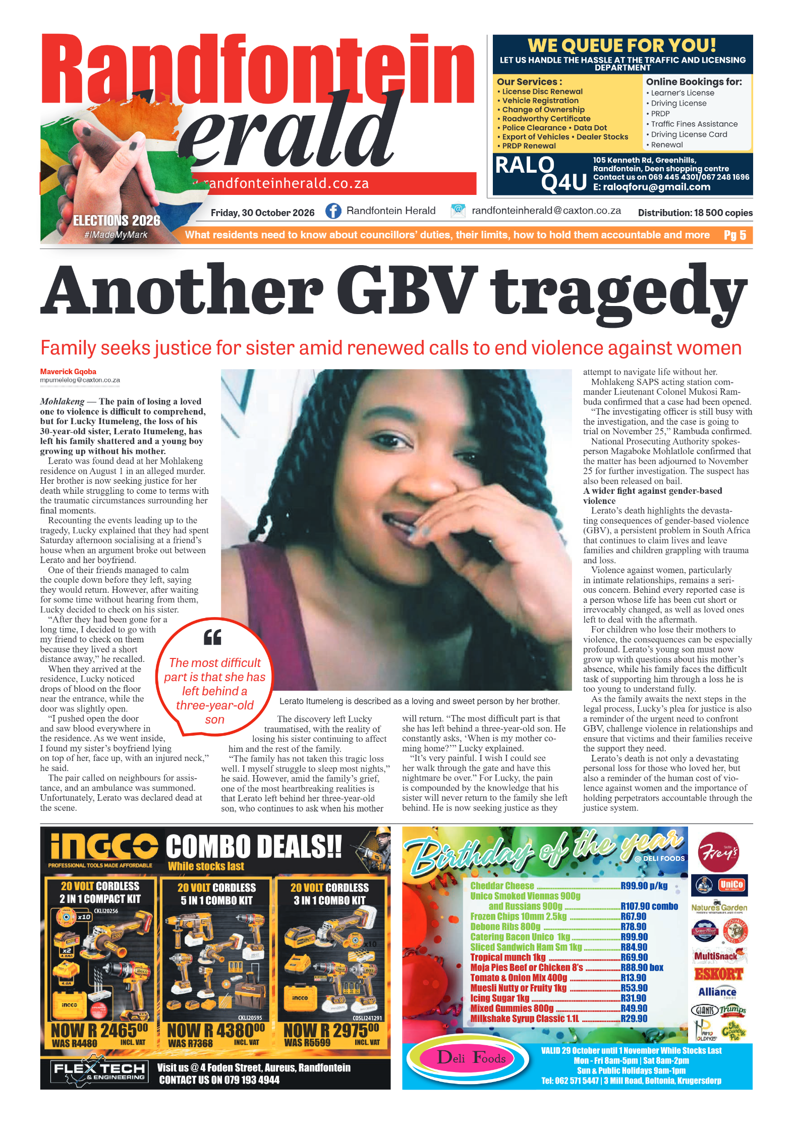 Randfontein Herald 30 October 2026 page 1