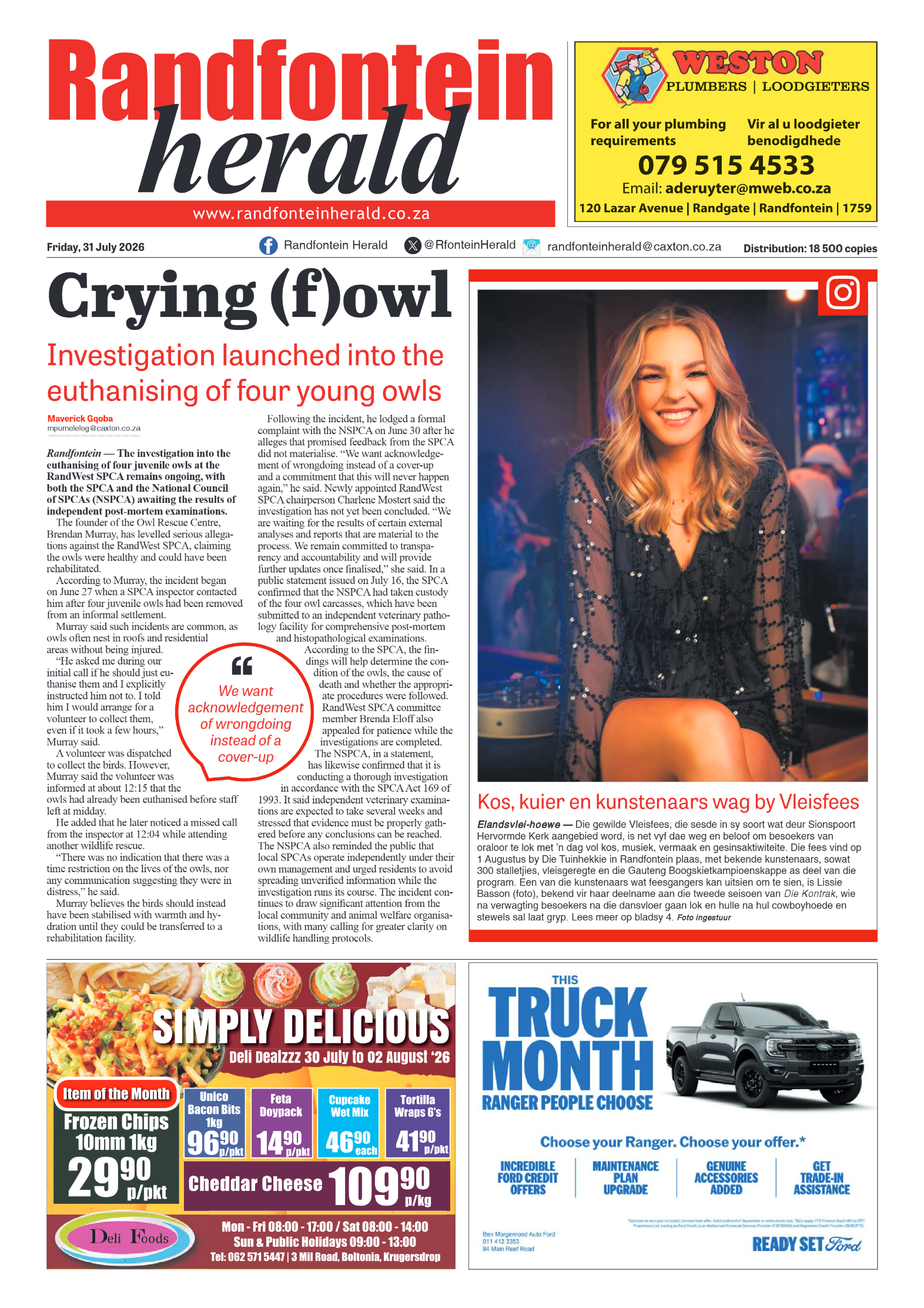 Randfontein Herald 31 July 2026 page 1
