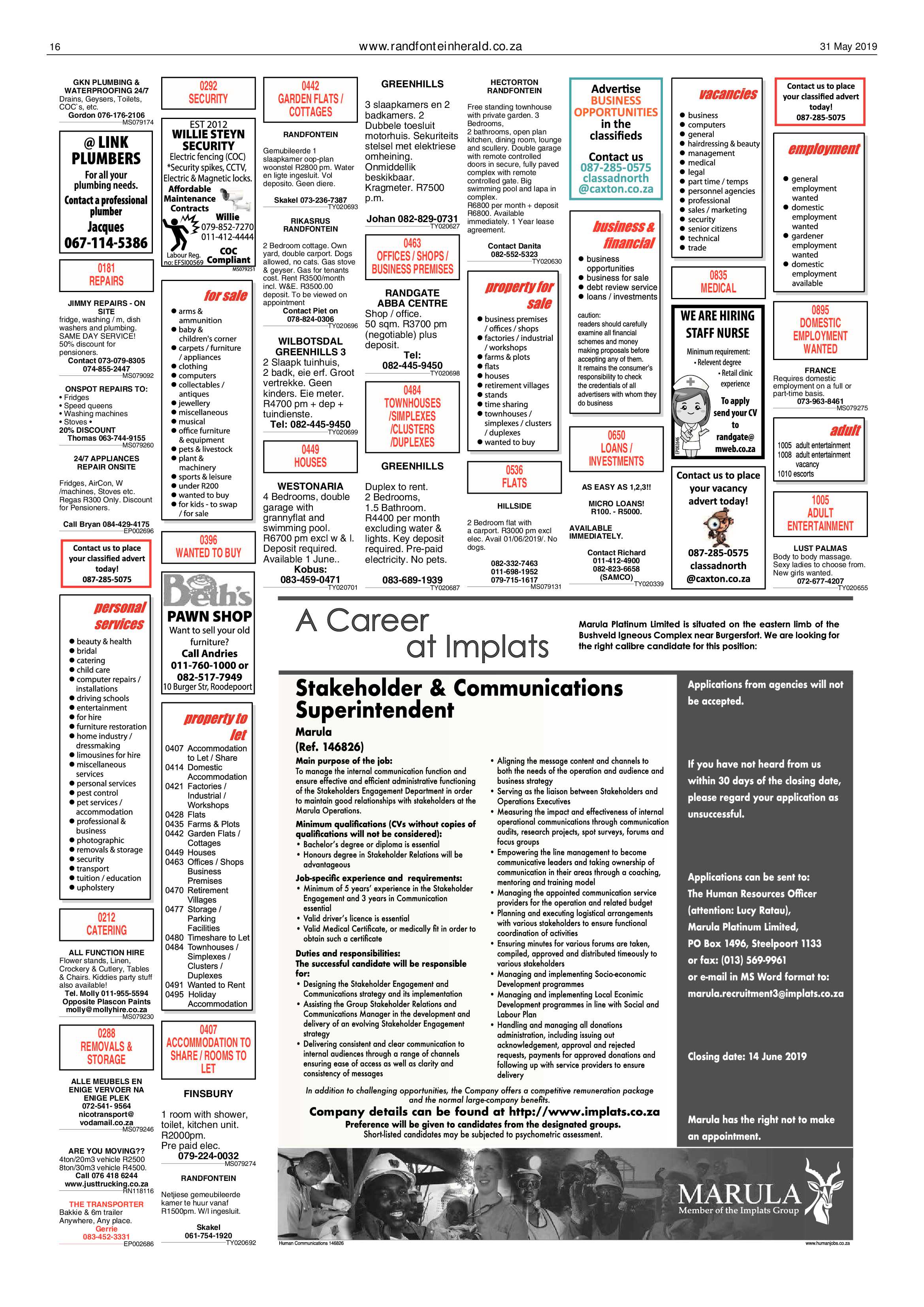 Randfontein Herald 31 May 2019 page 16