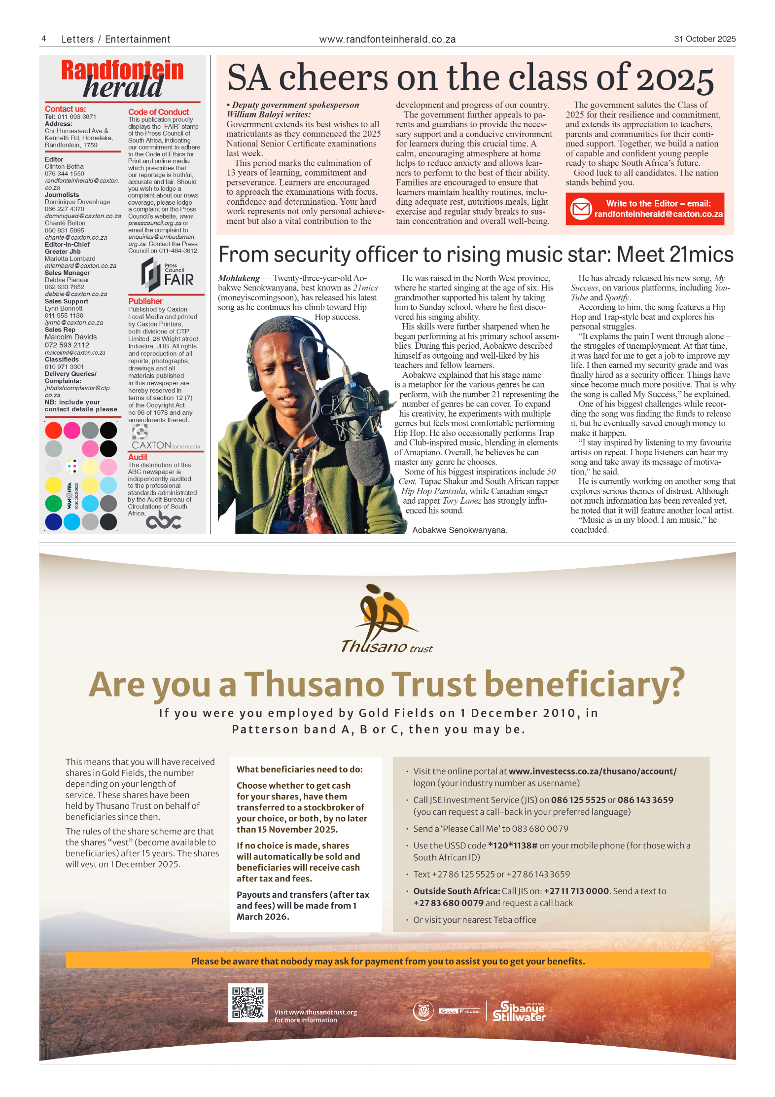 Randfontein Herald 31 October 2025 page 4