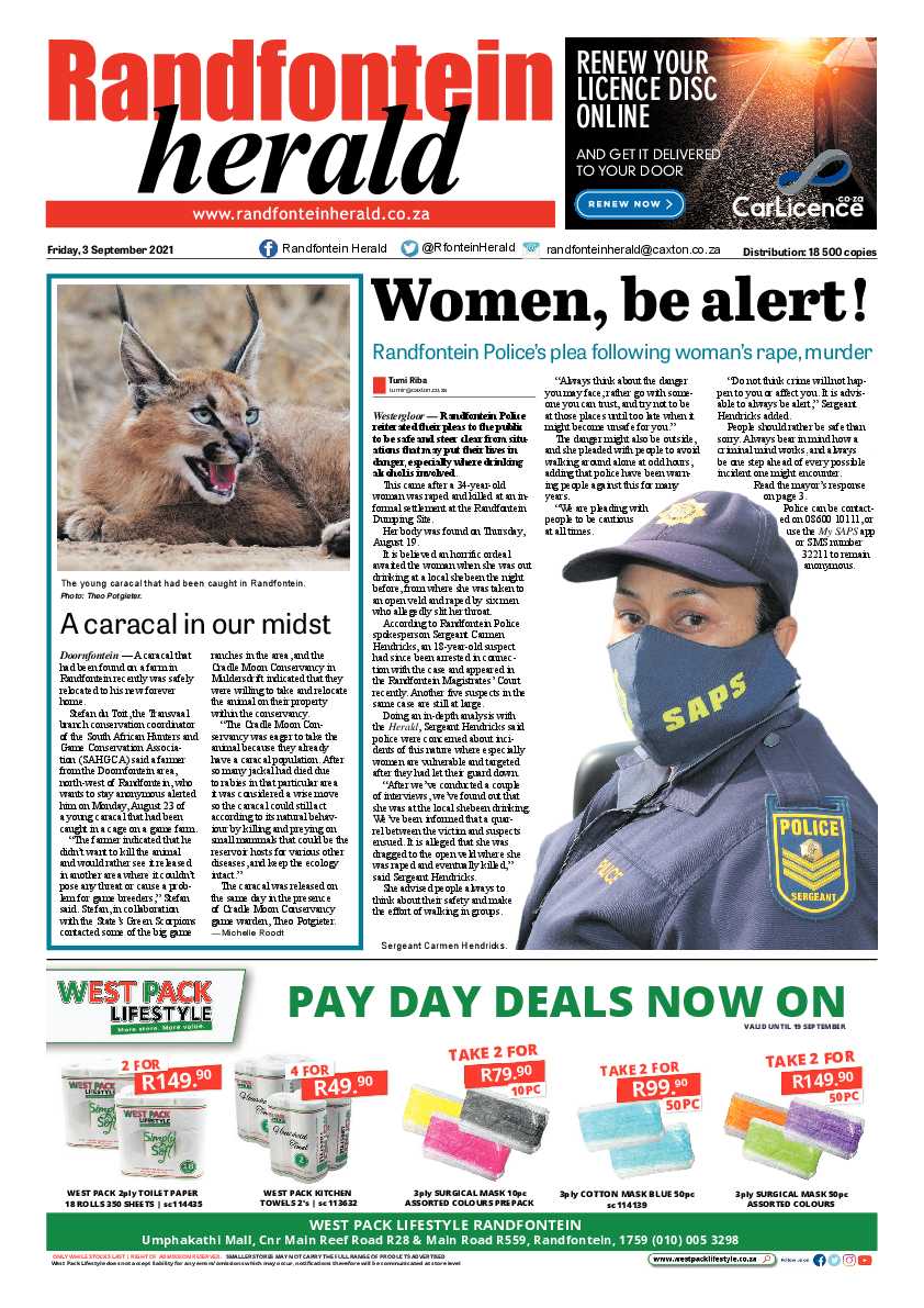 Randfontein Herald 3 September 2021 page 1