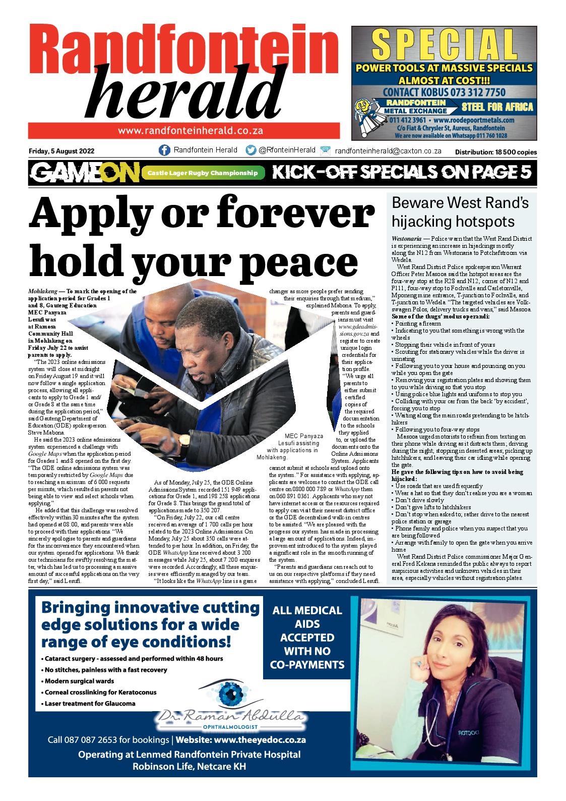 Randfontein Herald 5 August 2022 page 1