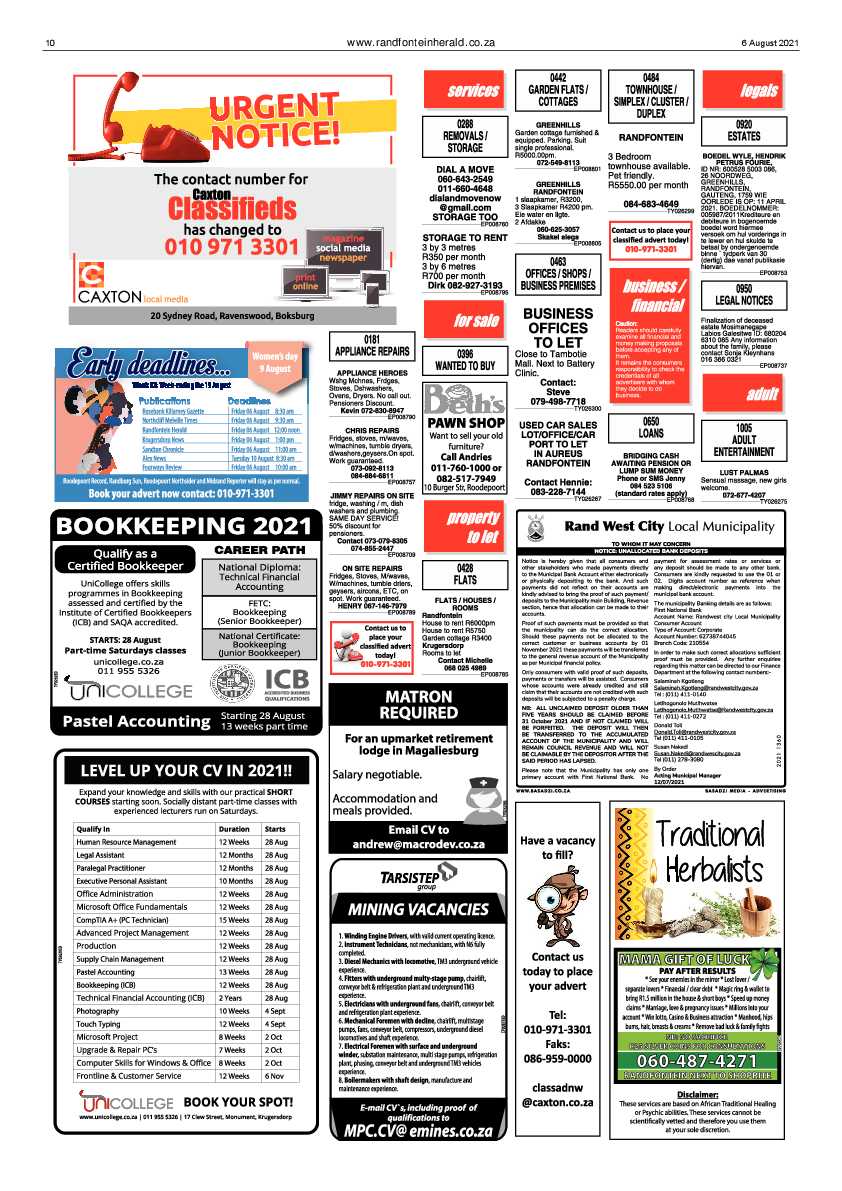 Randfontein Herald 6 August 2021 page 10