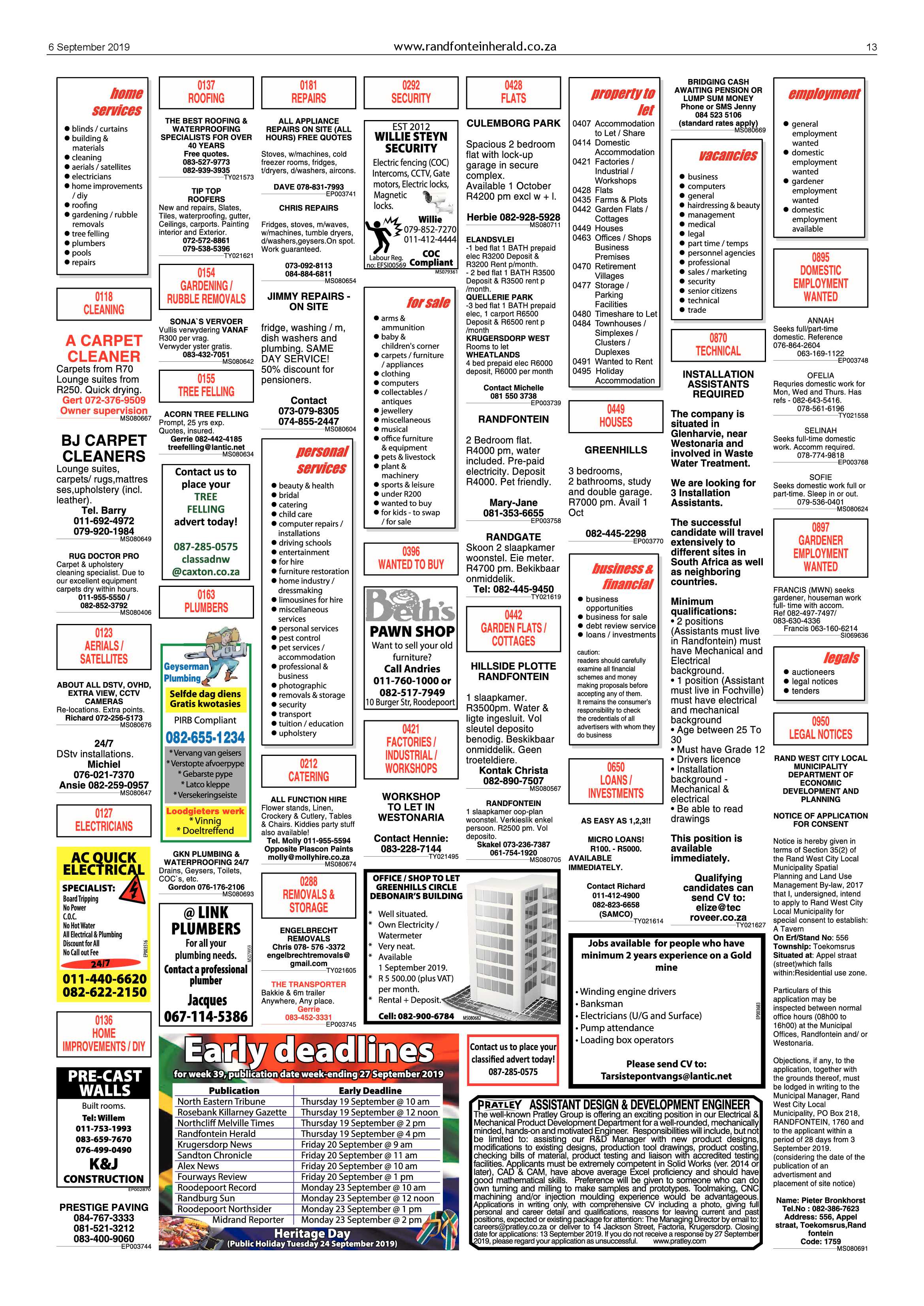 Randfontein Herald 6 September 2019 page 13