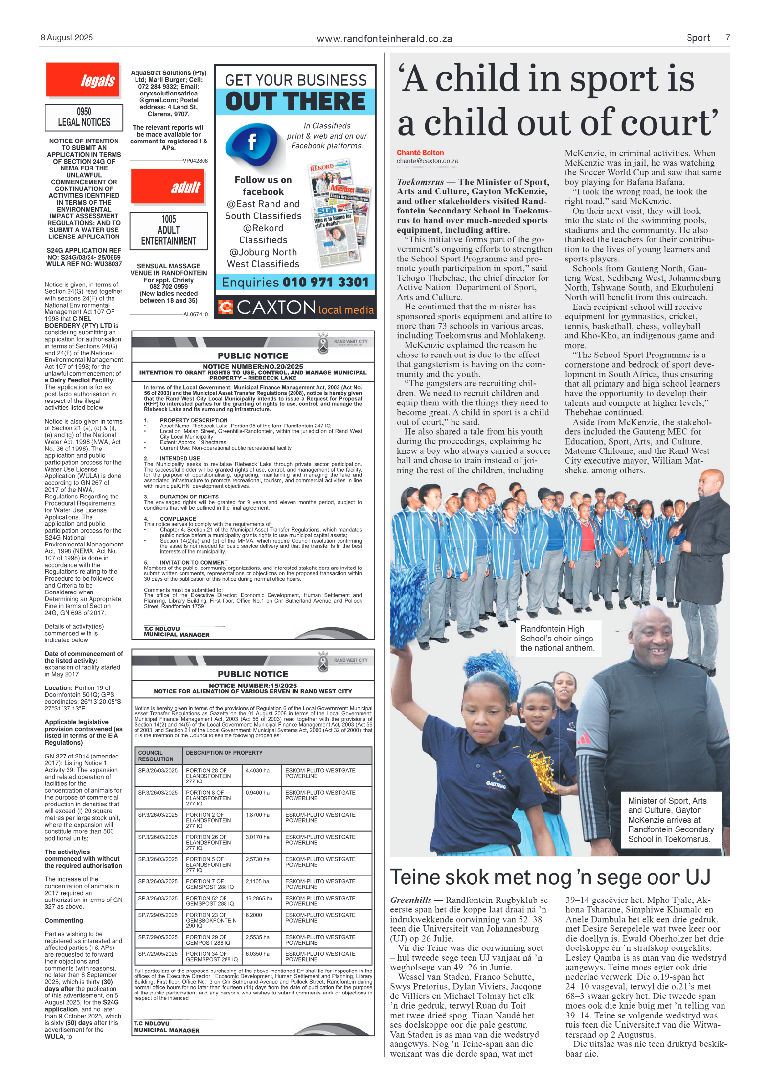 Randfontein Herald 8 August 2025 page 7