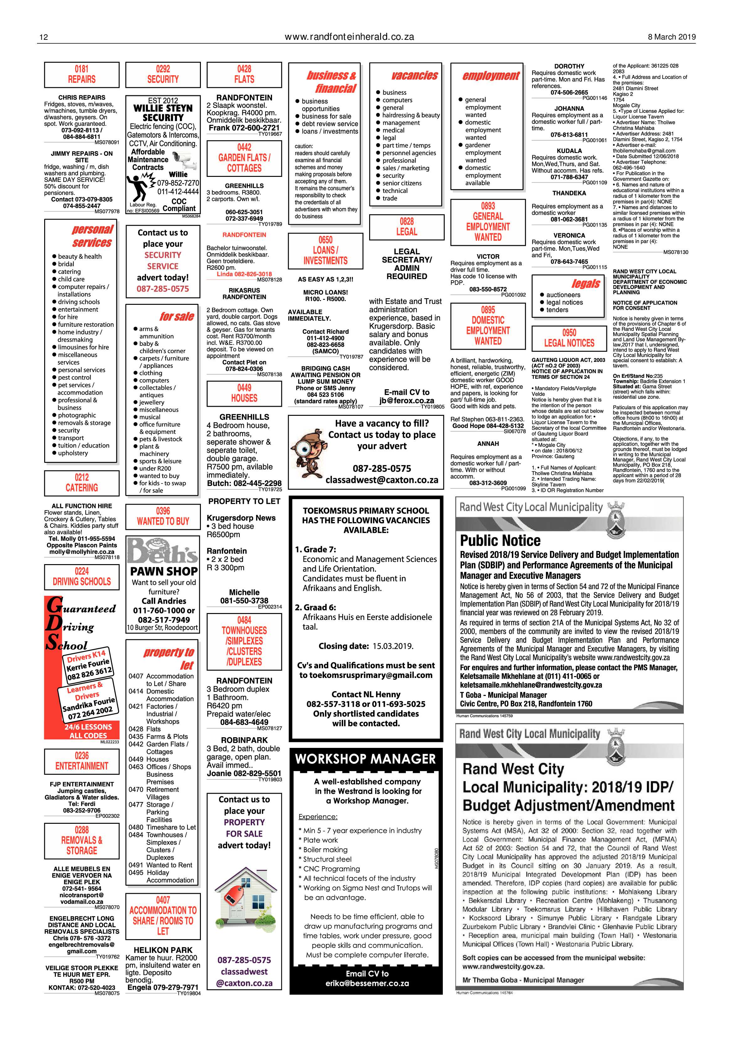 Randfontein Herald 8 March 2019 page 12